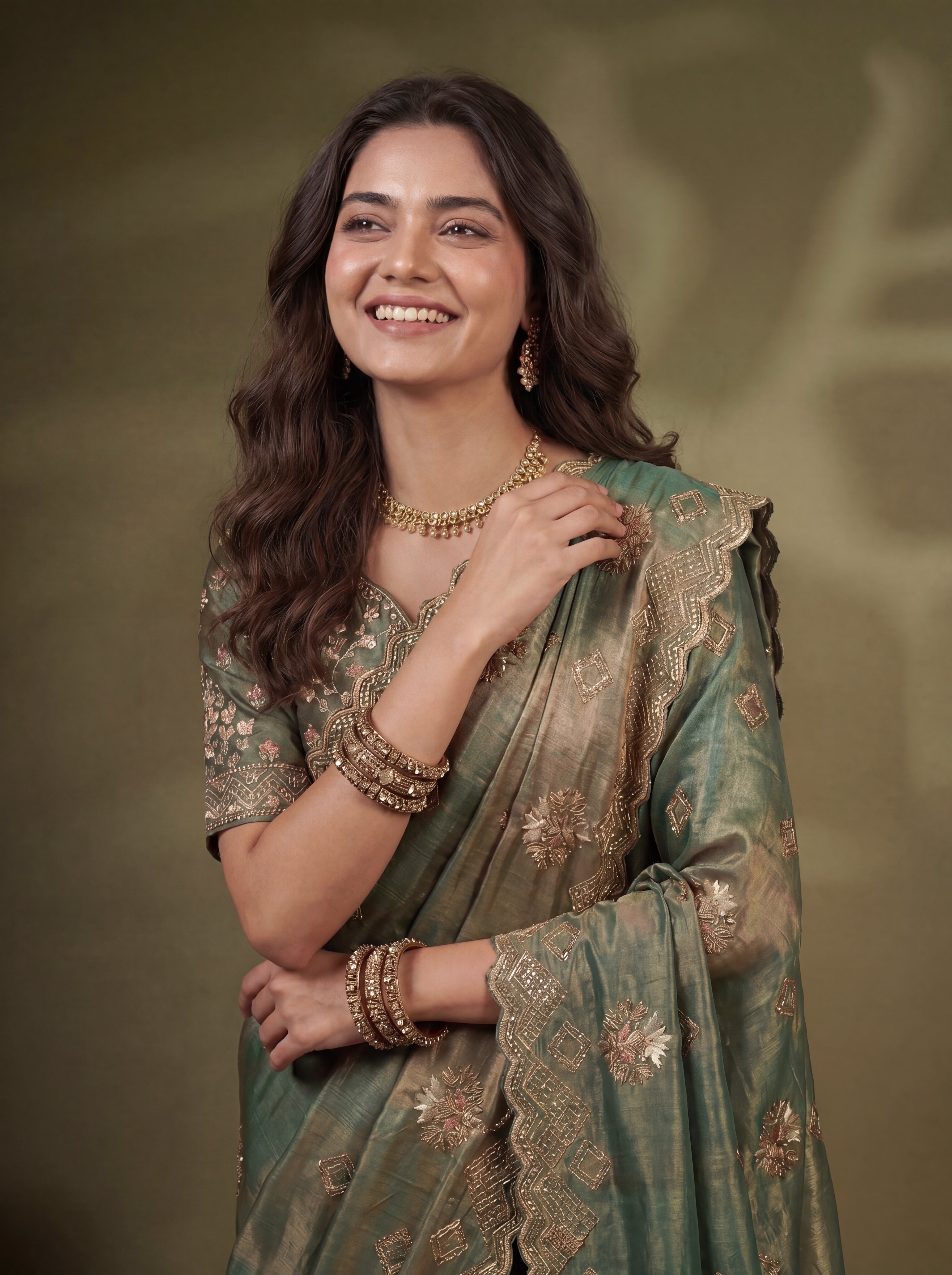 Sage Green Fendi Sequins Zari Embroidery Handwork Bridal Saree
