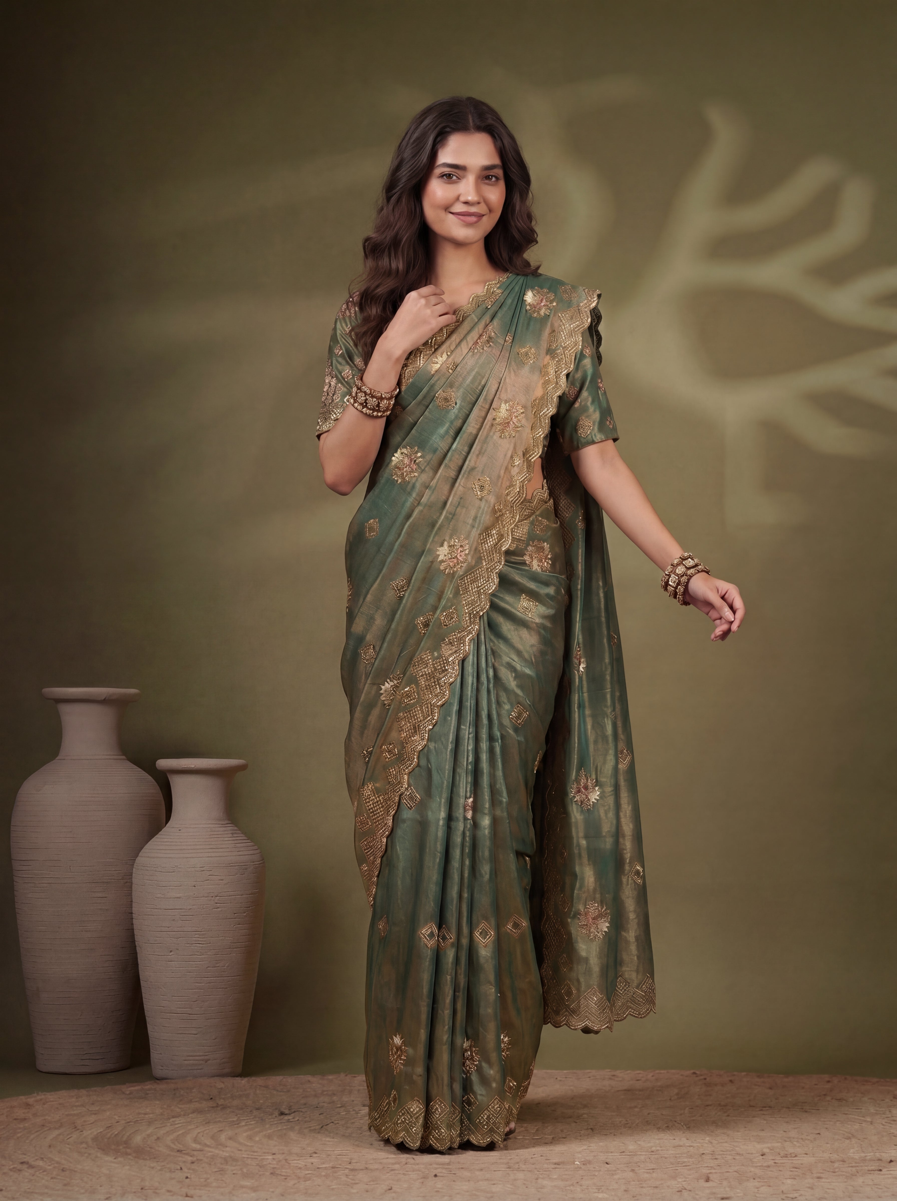 Sage Green Fendi Sequins Zari Embroidery Handwork Bridal Saree