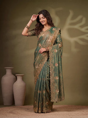 Sage Green Fendi Sequins Zari Embroidery Handwork Bridal Saree