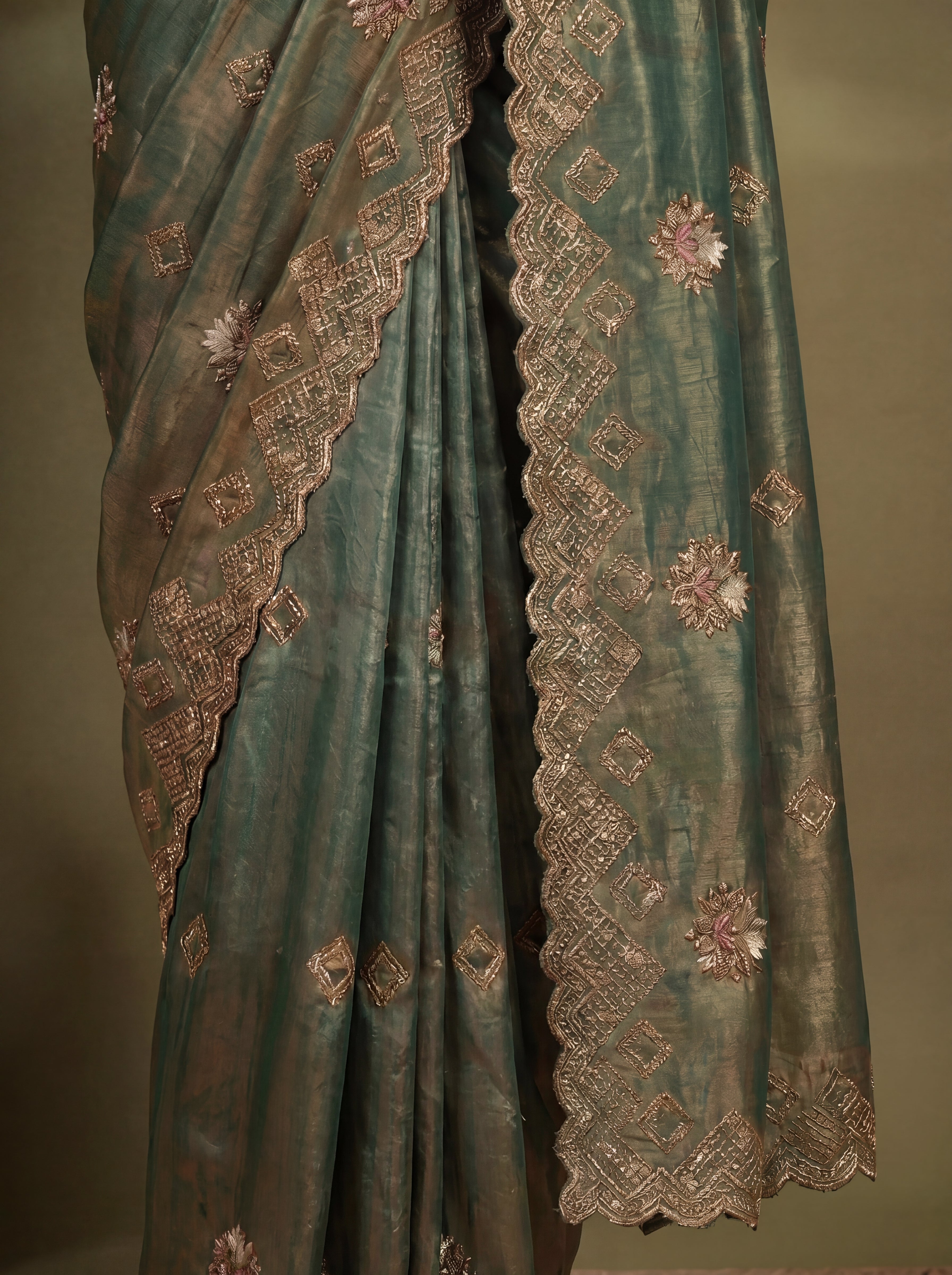 Sage Green Fendi Sequins Zari Embroidery Handwork Bridal Saree
