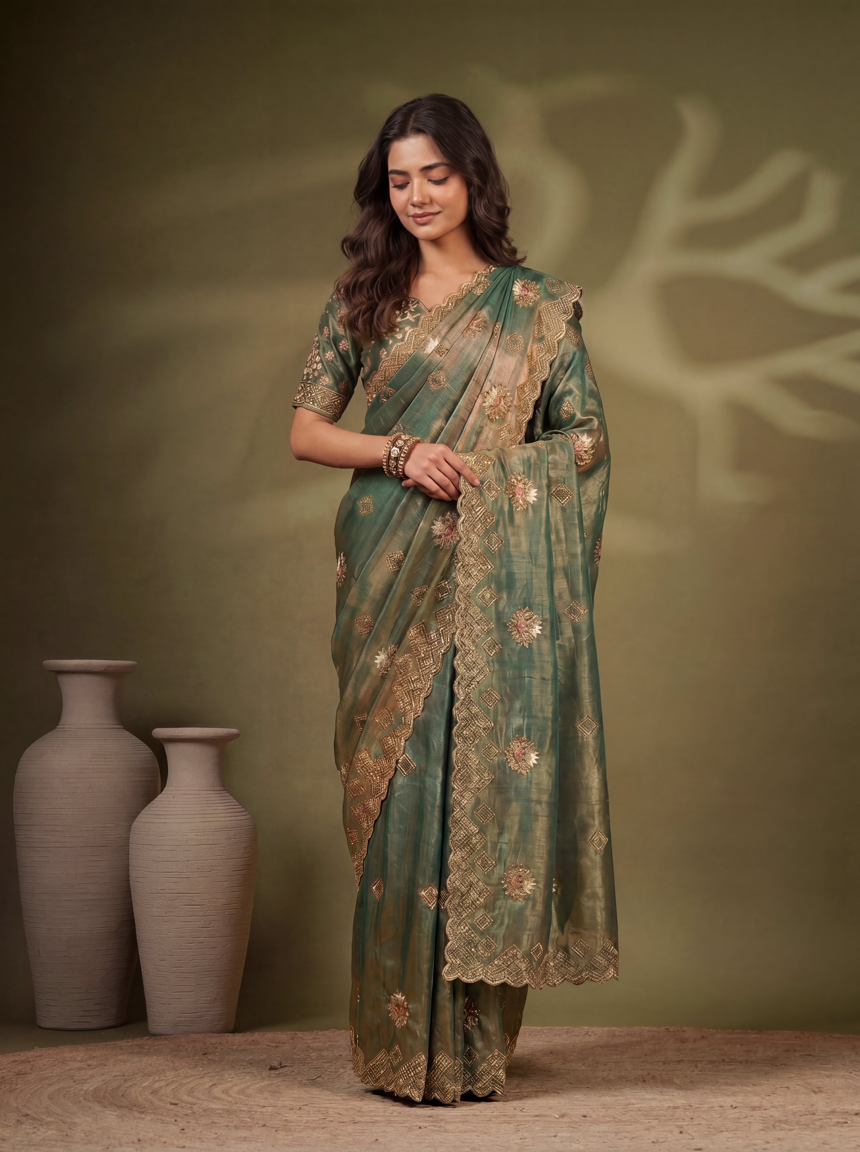 Sage Green Fendi Sequins Zari Embroidery Handwork Bridal Saree