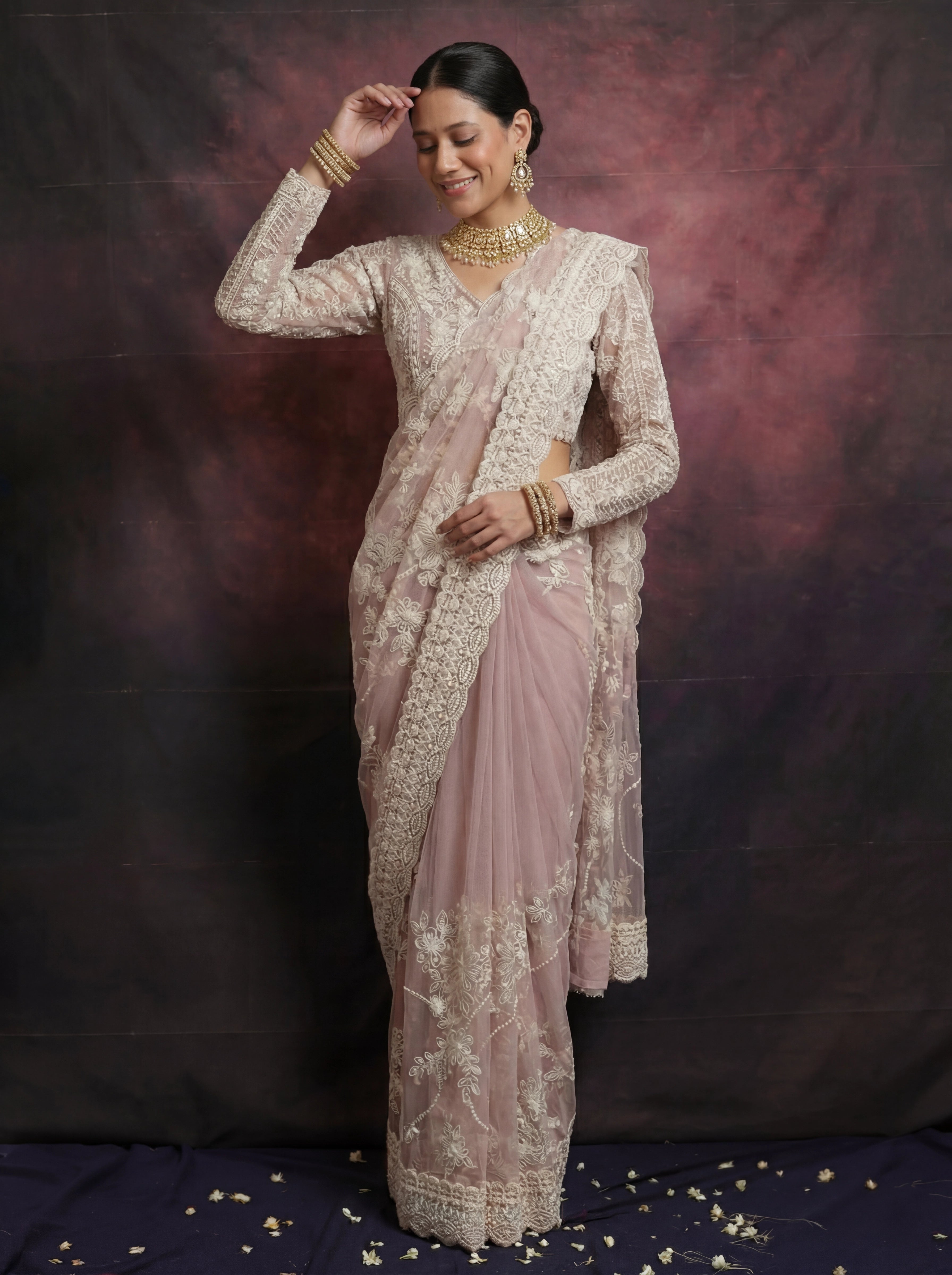 Pearl Pink Net Thread Sequins Handwork Bridal Saree