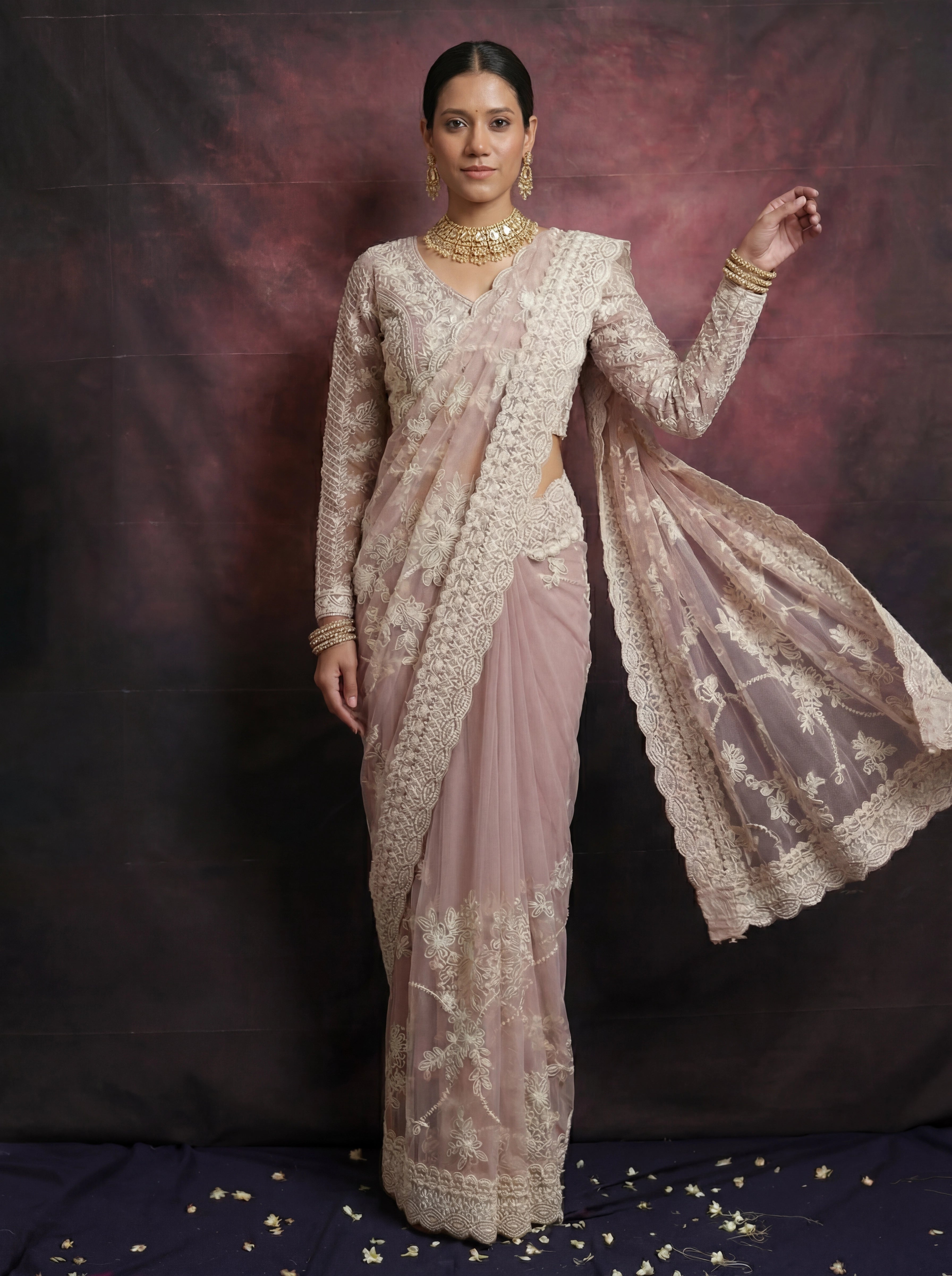 Pearl Pink Net Thread Sequins Handwork Bridal Saree