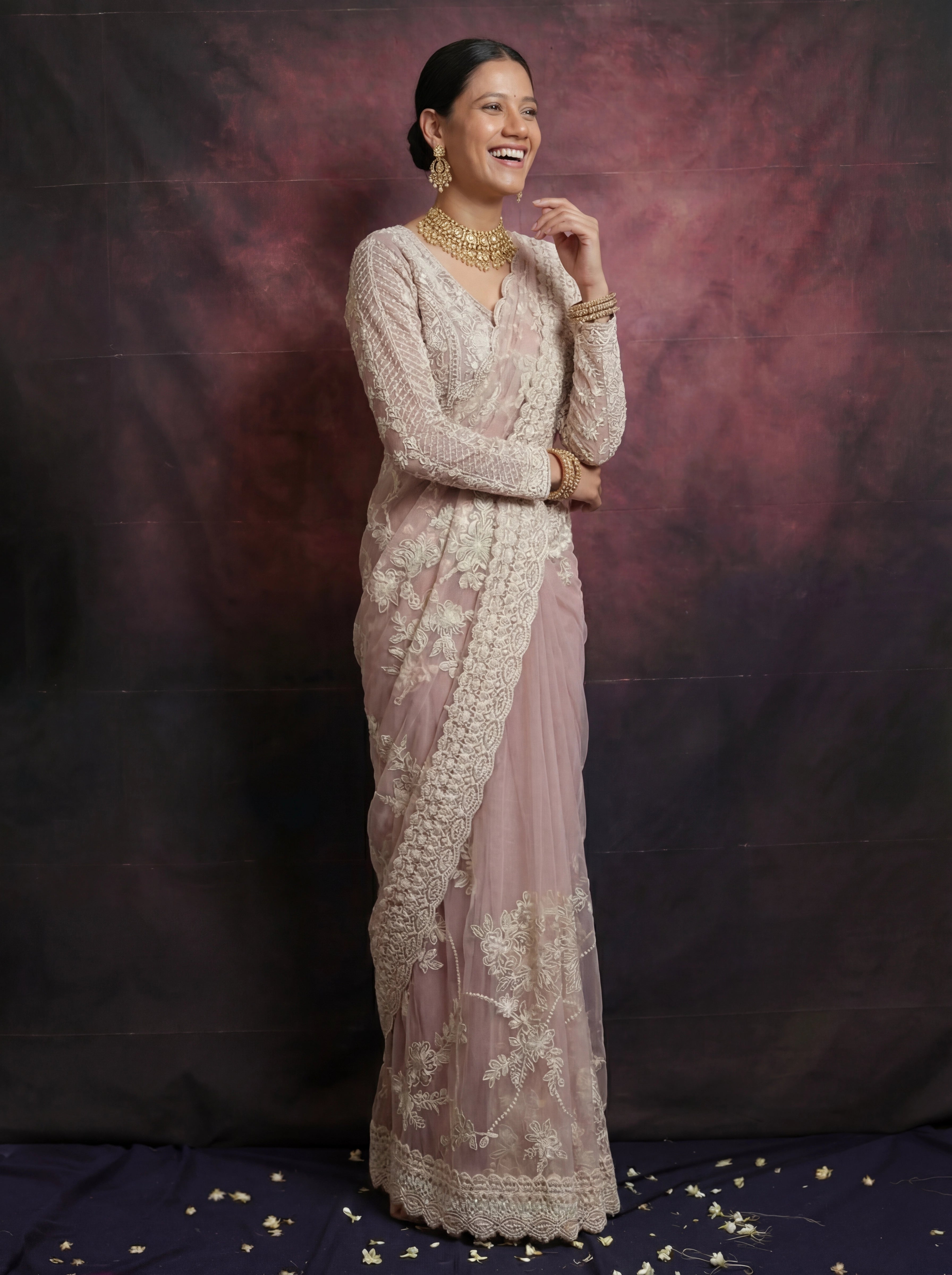 Pearl Pink Net Thread Sequins Handwork Bridal Saree