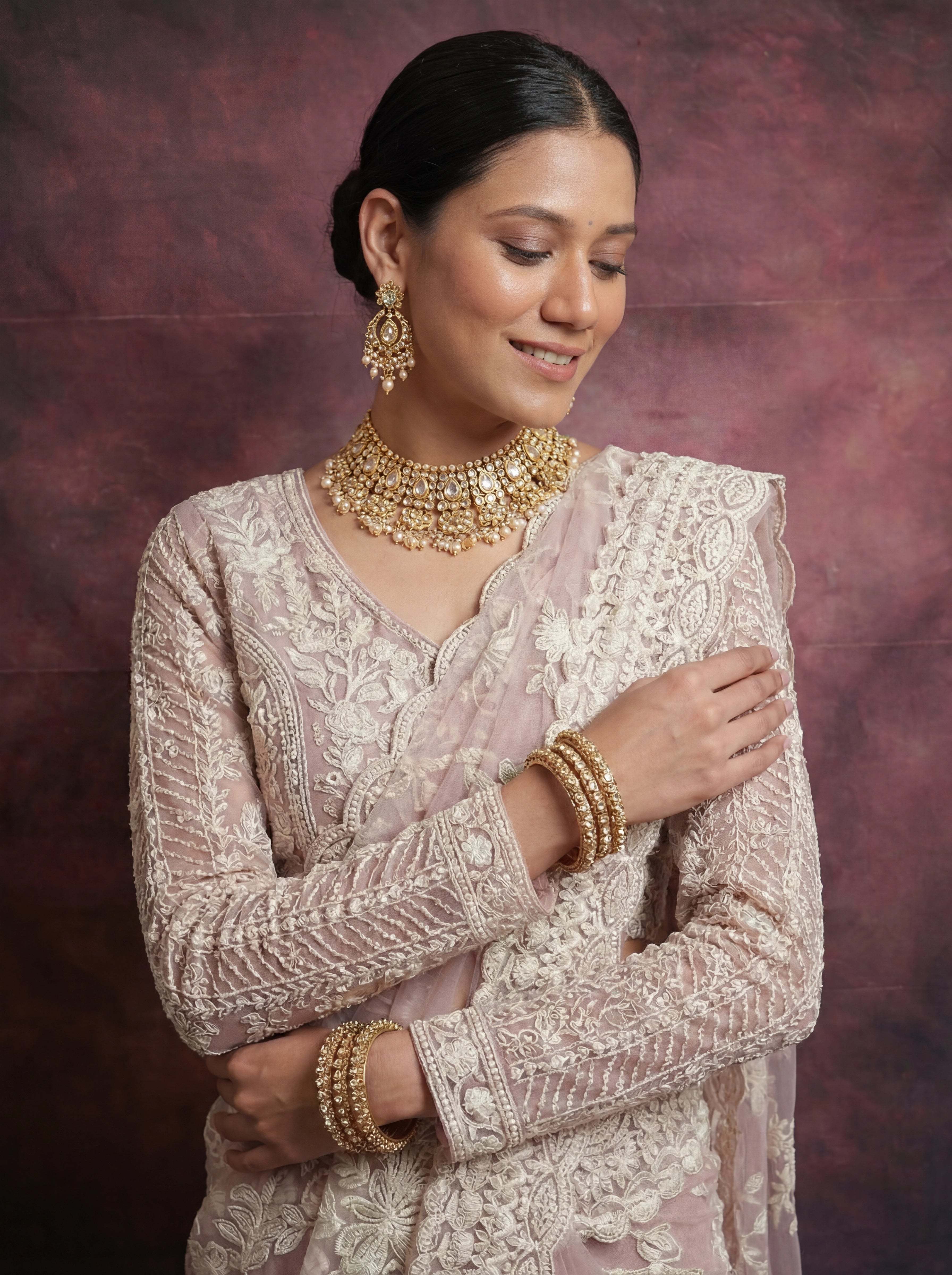 Pearl Pink Net Thread Sequins Handwork Bridal Saree