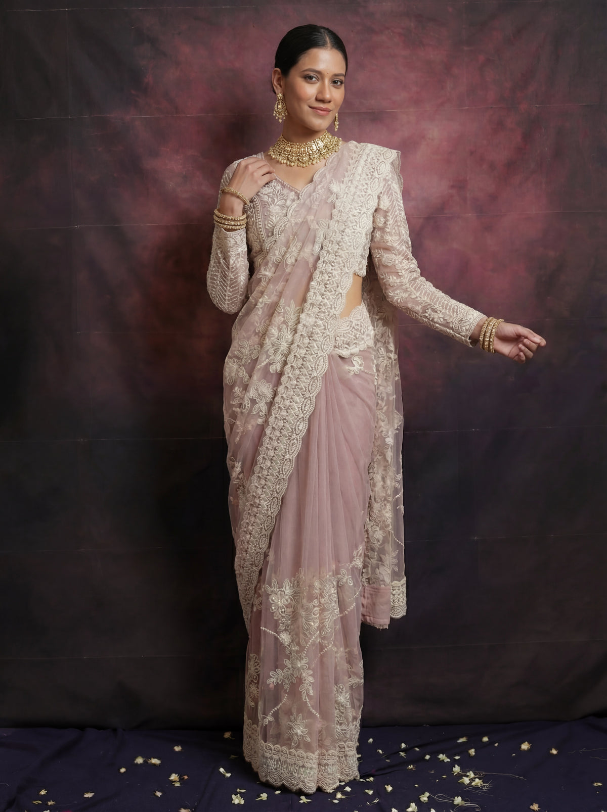 Pearl Pink Net Thread Sequins Handwork Bridal Saree