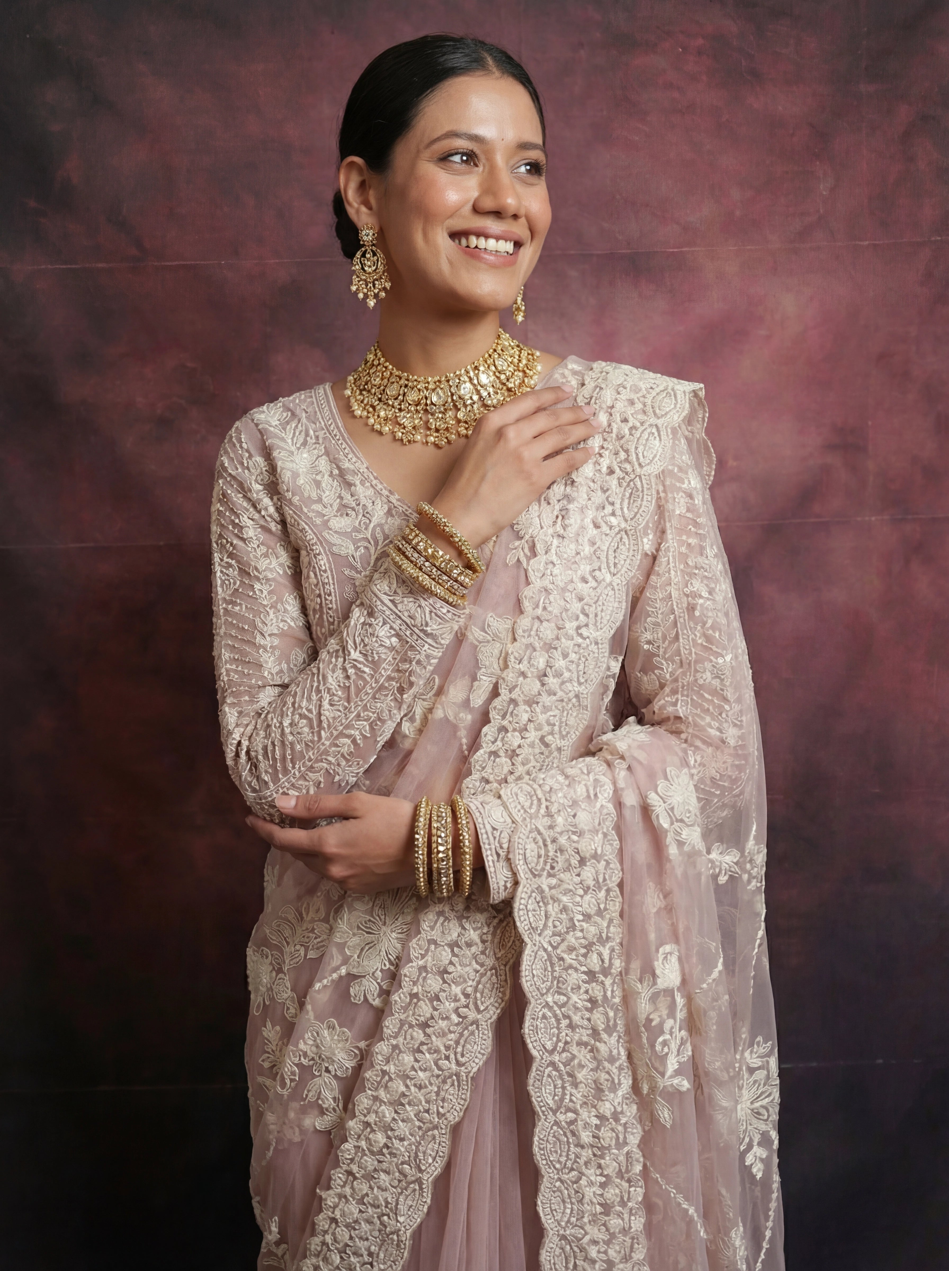 Pearl Pink Net Thread Sequins Handwork Bridal Saree