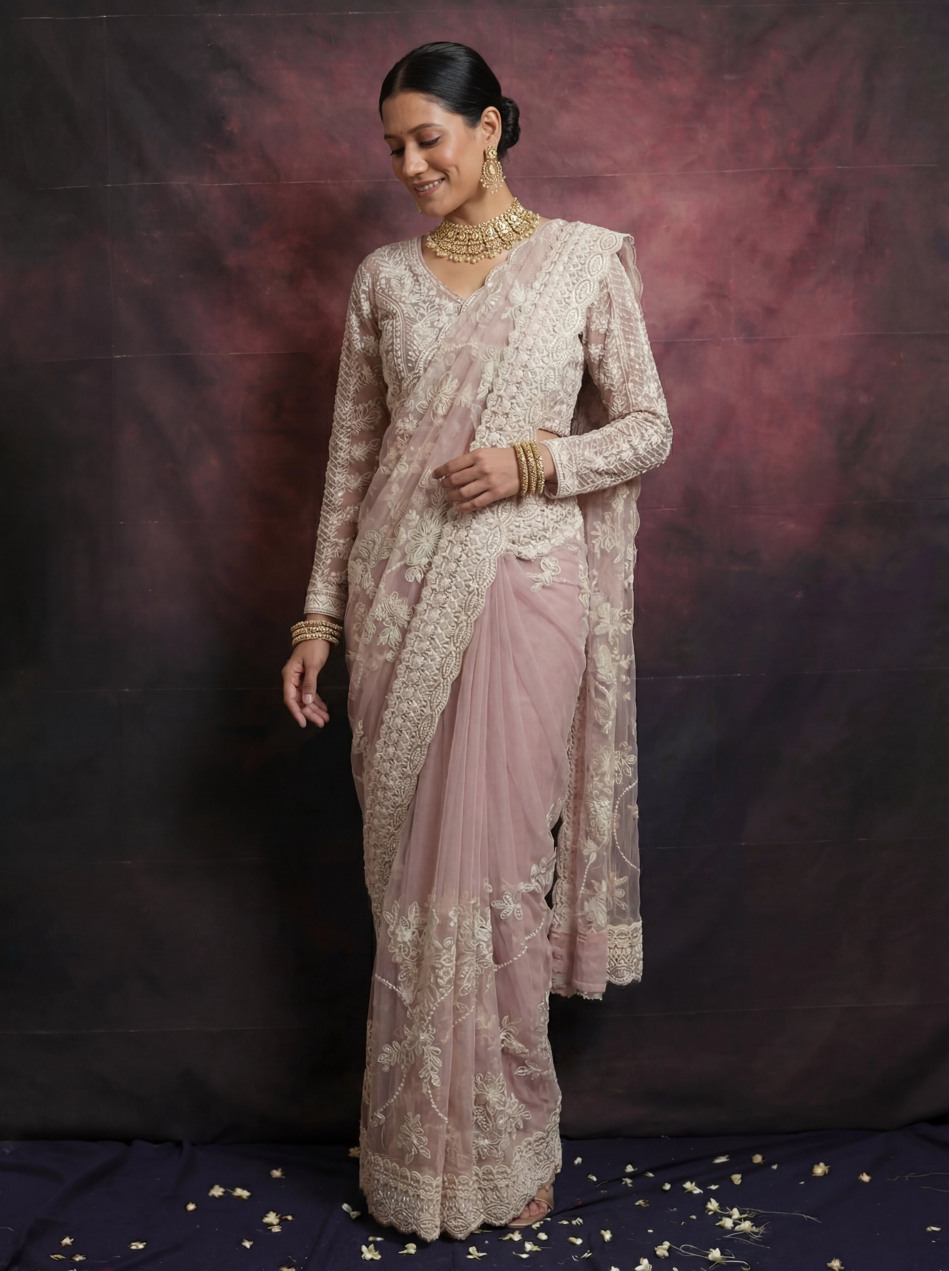 Pearl Pink Net Thread Sequins Handwork Bridal Saree