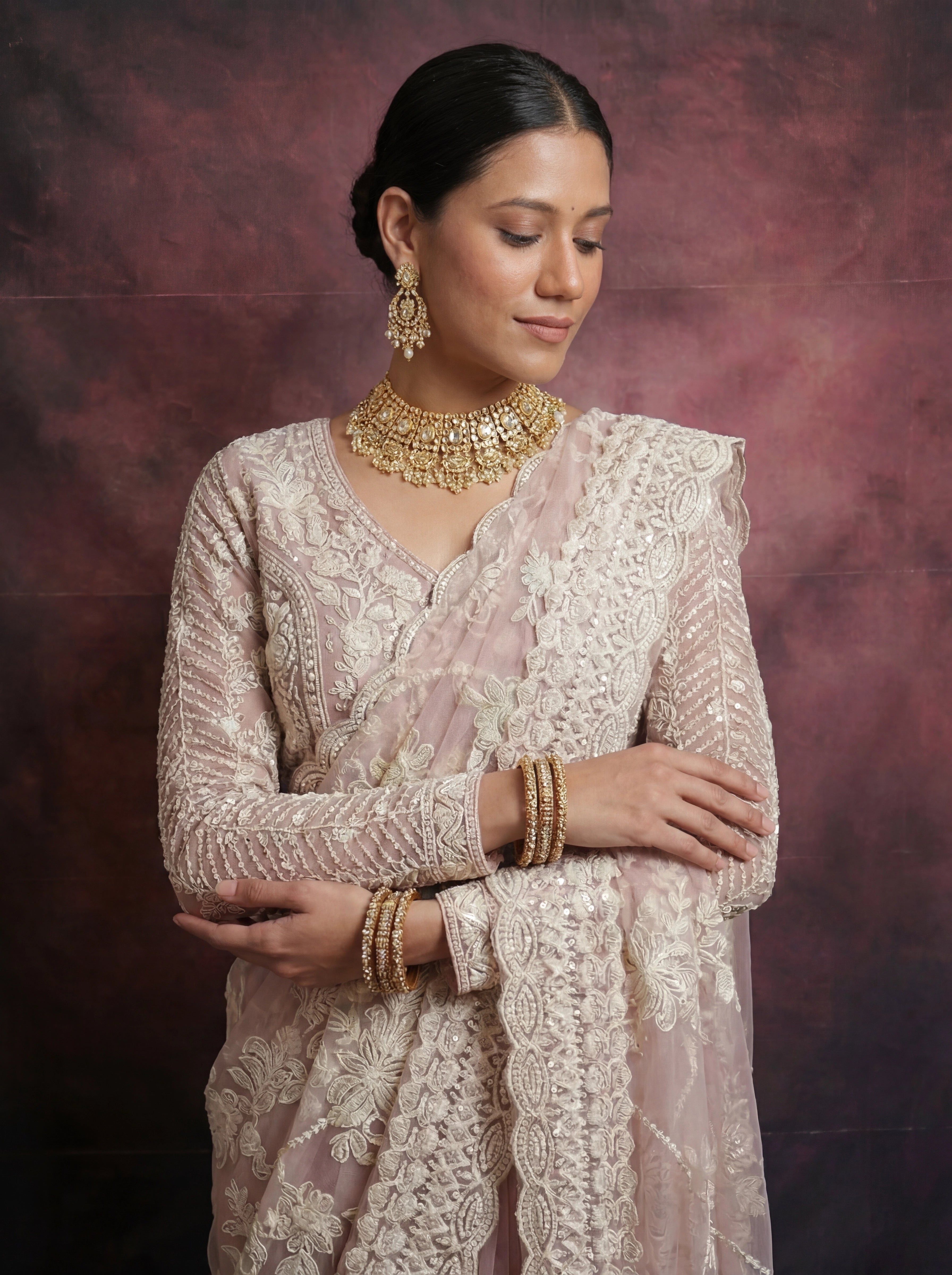 Pearl Pink Net Thread Sequins Handwork Bridal Saree