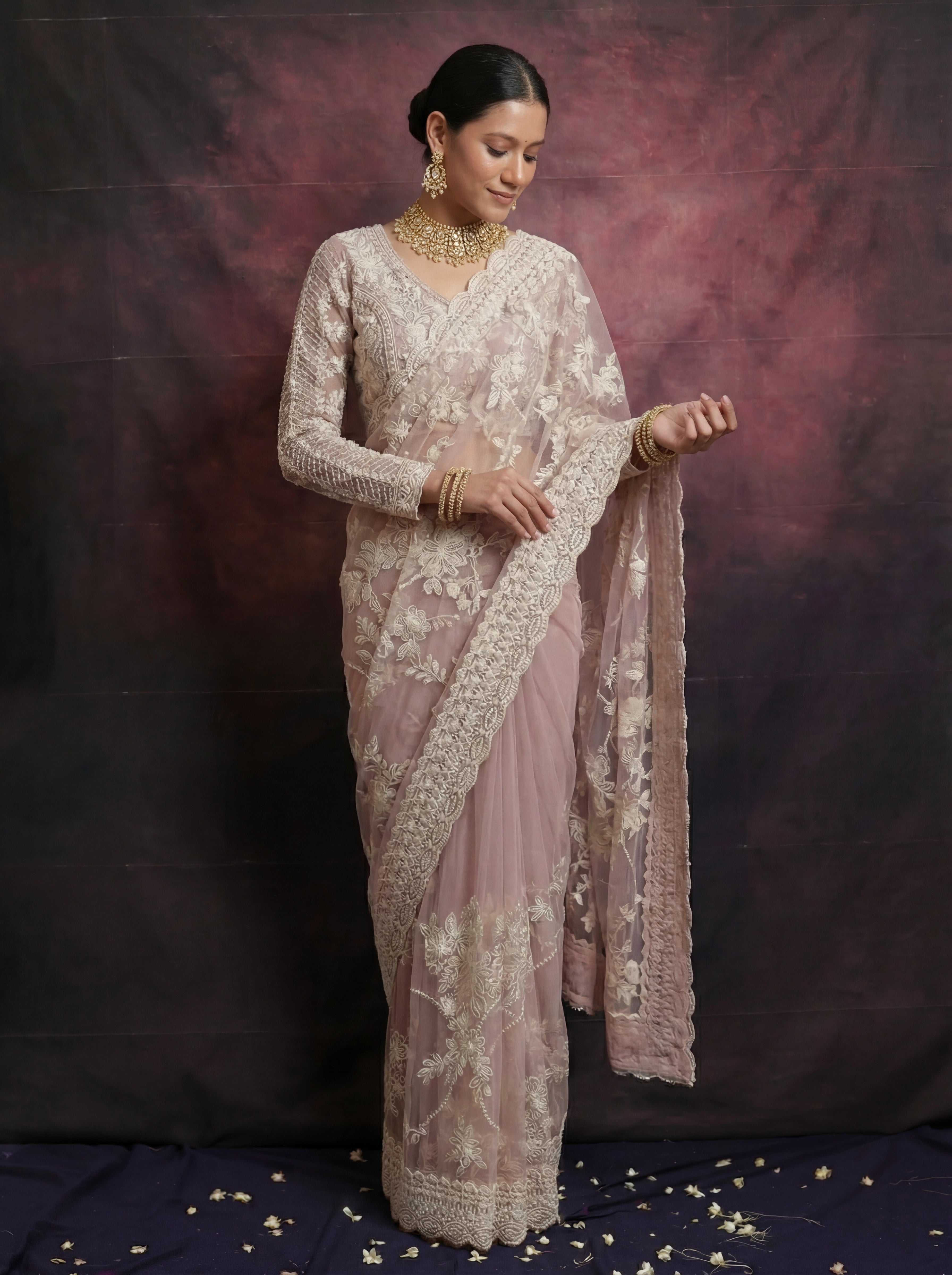 Pearl Pink Net Thread Sequins Handwork Bridal Saree