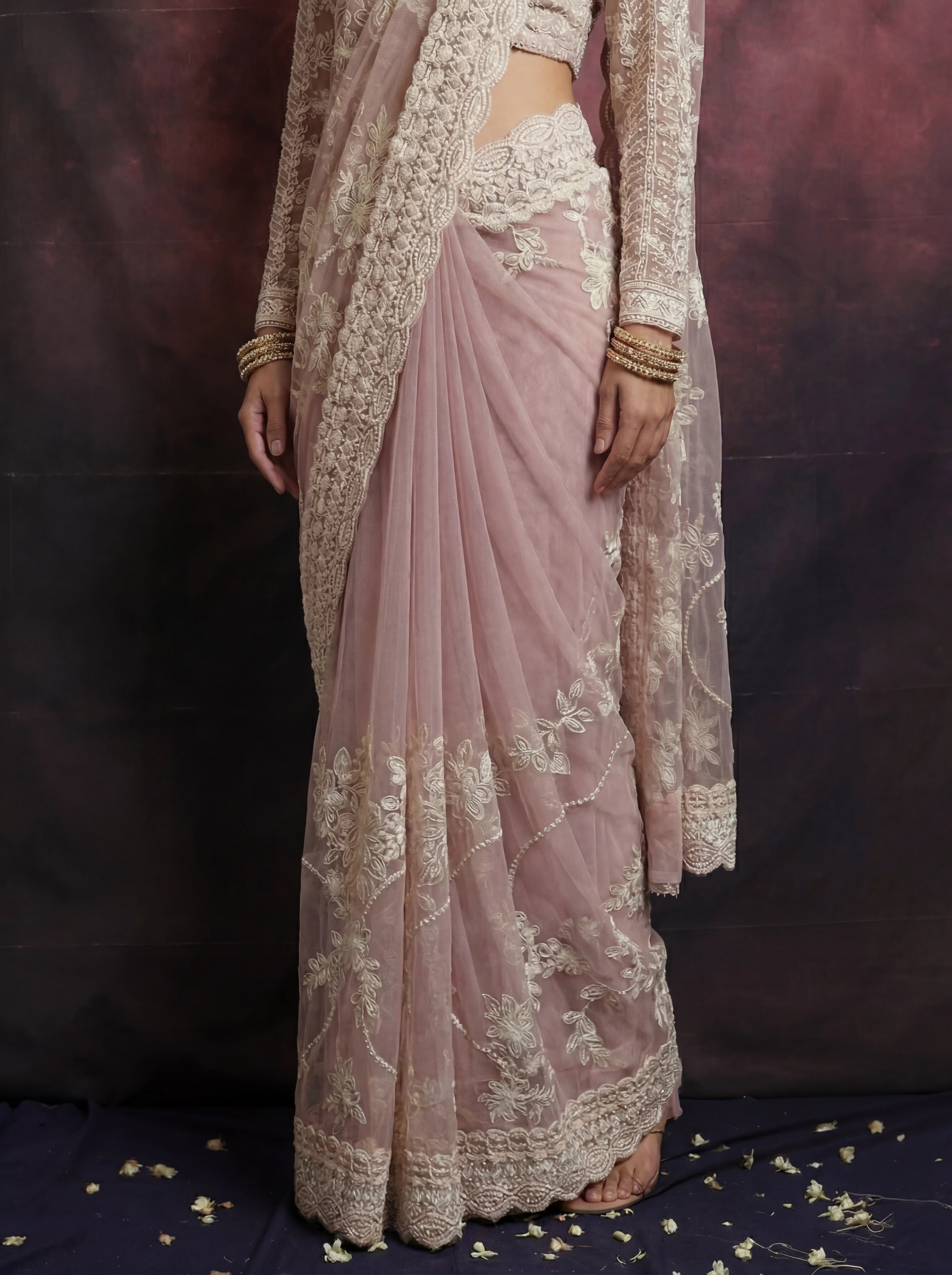 Pearl Pink Net Thread Sequins Handwork Bridal Saree
