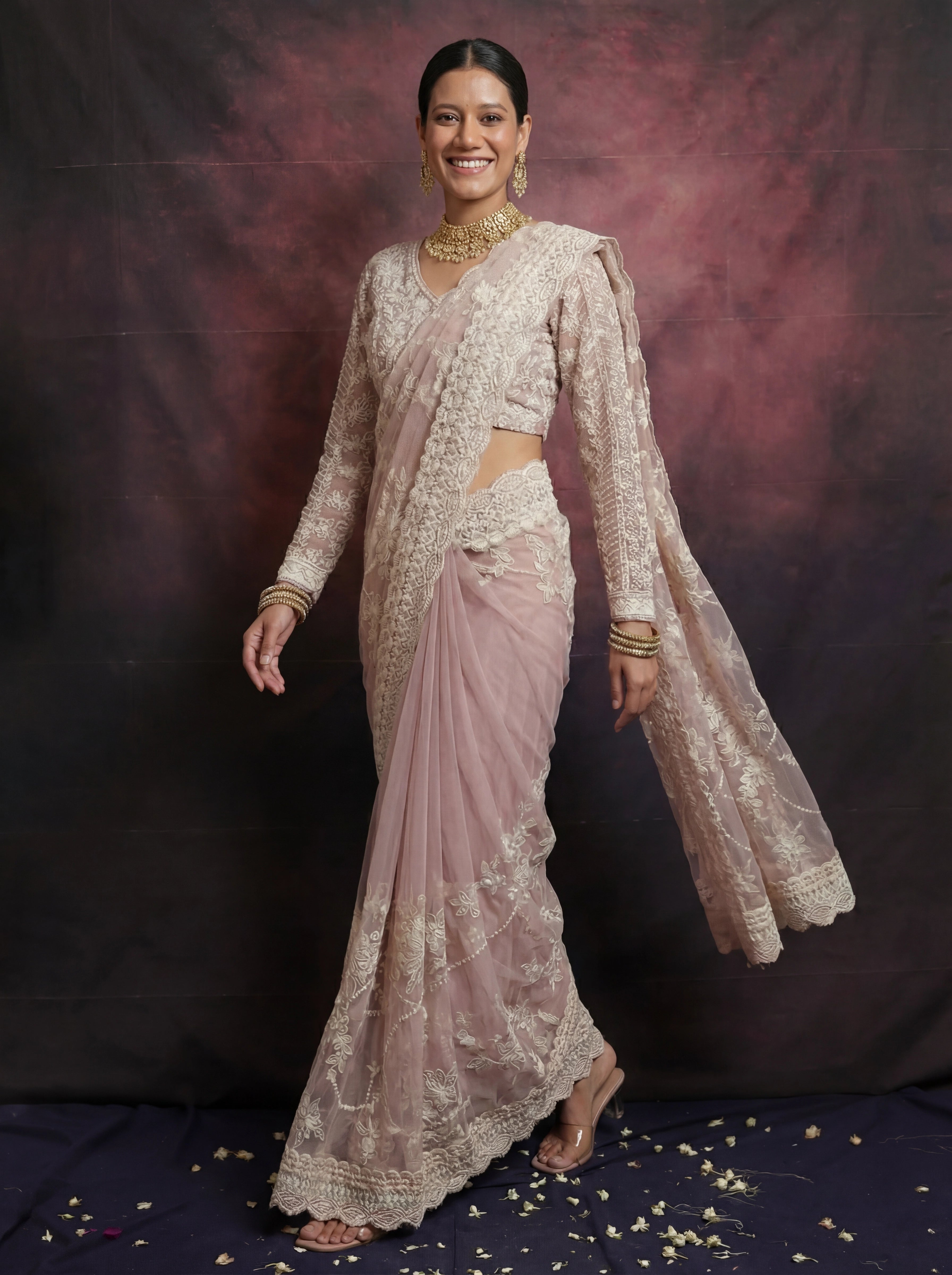 Pearl Pink Net Thread Sequins Handwork Bridal Saree