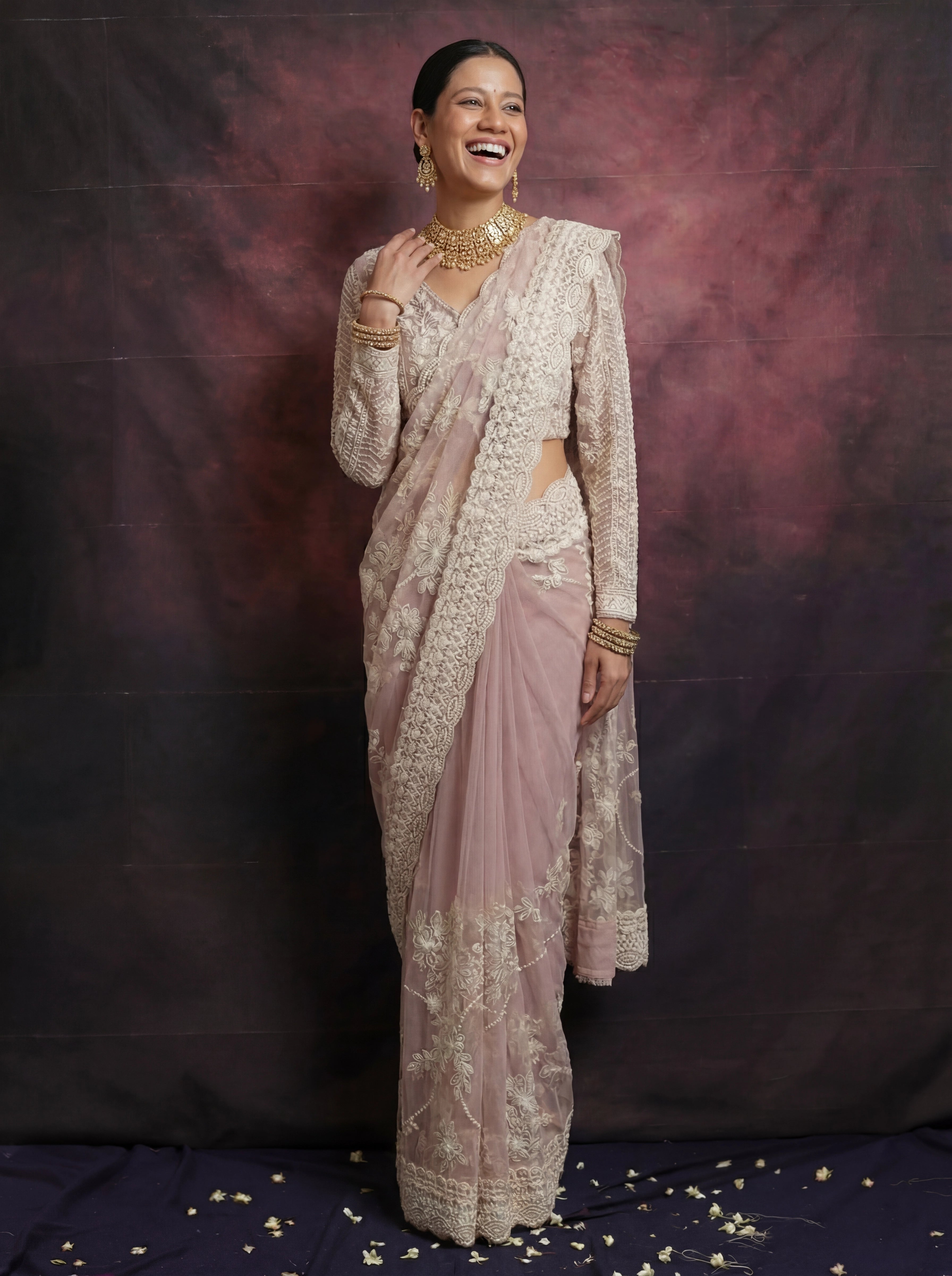 Pearl Pink Net Thread Sequins Handwork Bridal Saree