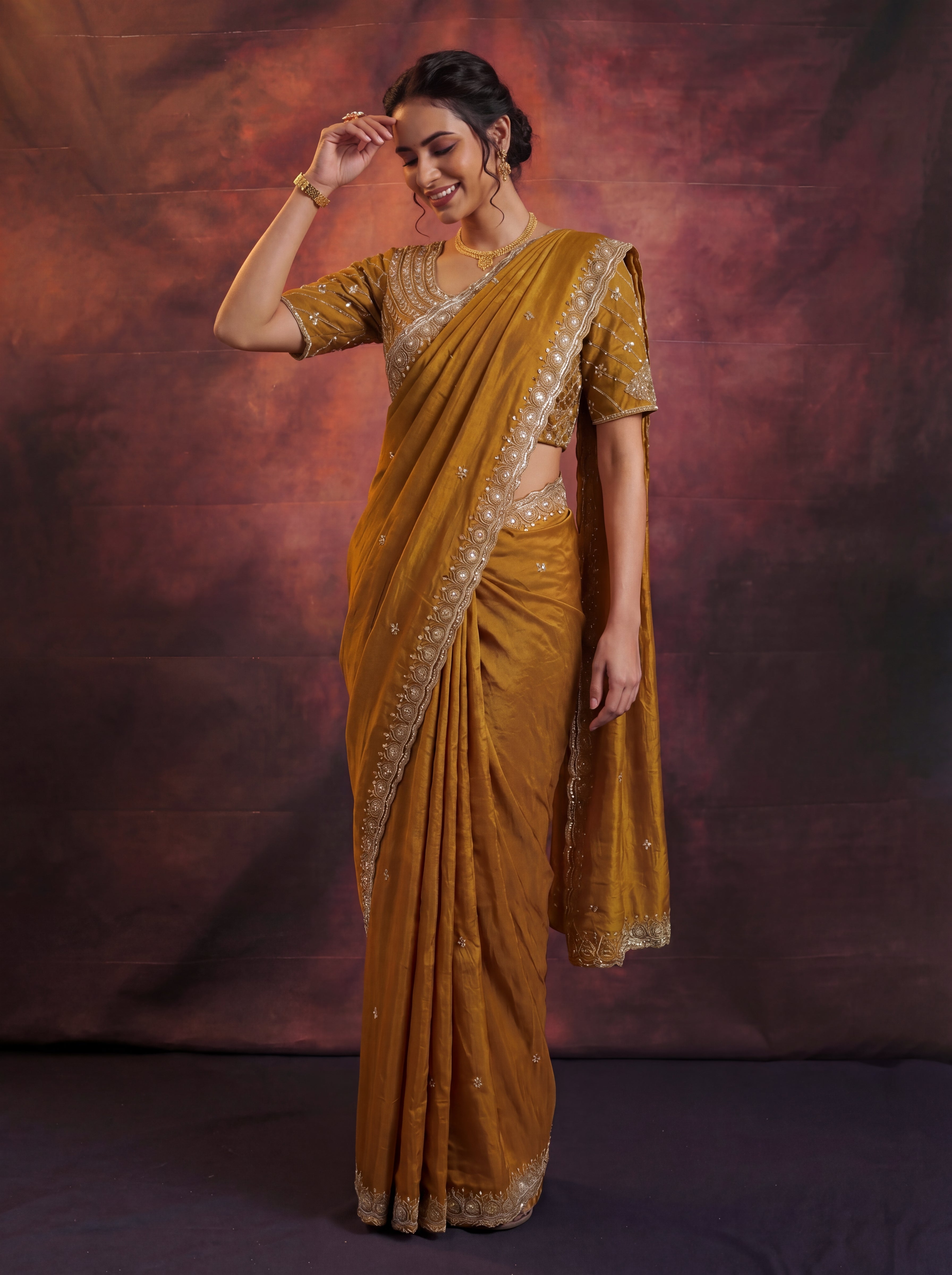 Antique Gold Fendi Embroidery Beads Sequins Bridal Saree