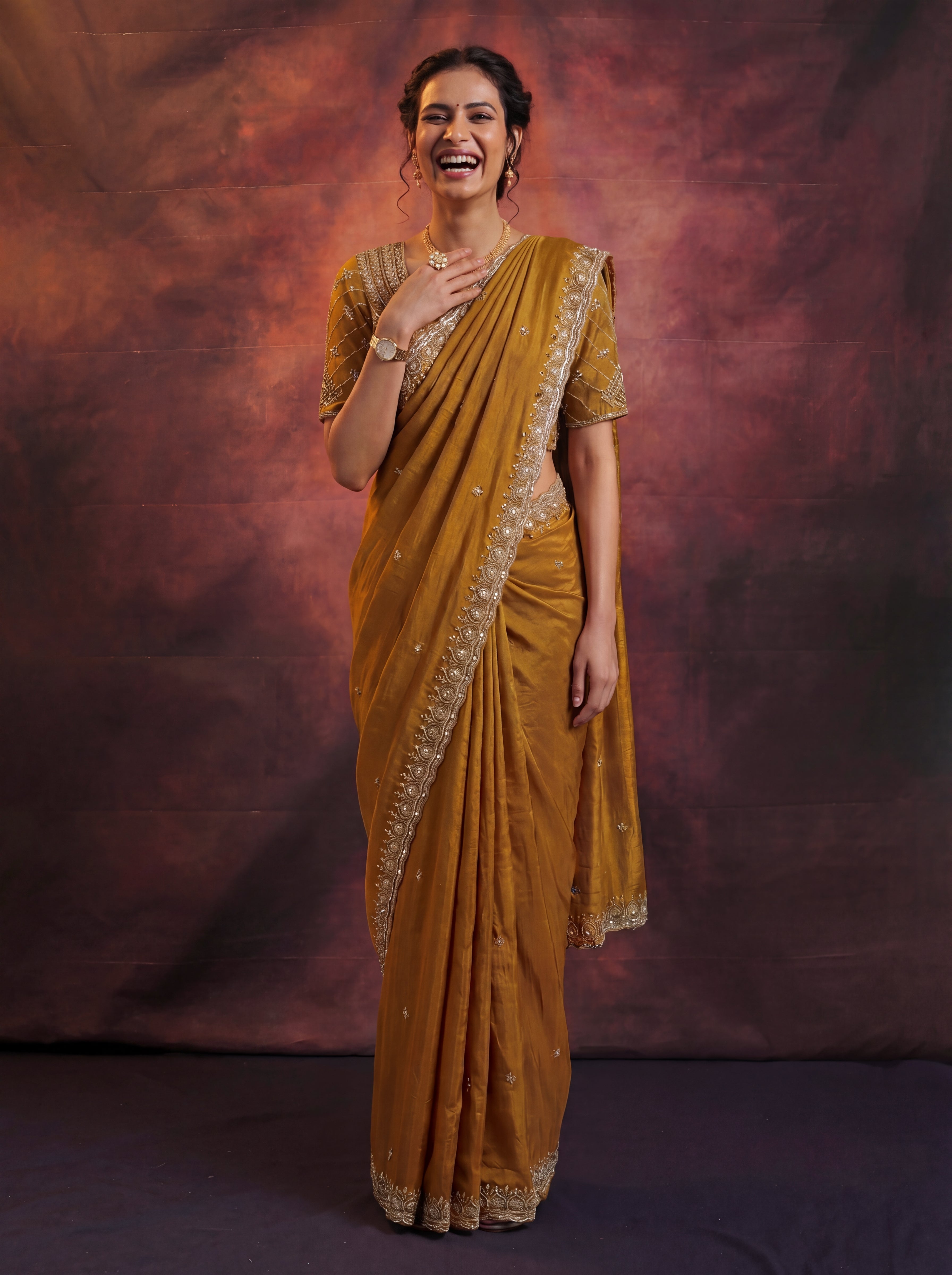Antique Gold Fendi Embroidery Beads Sequins Bridal Saree