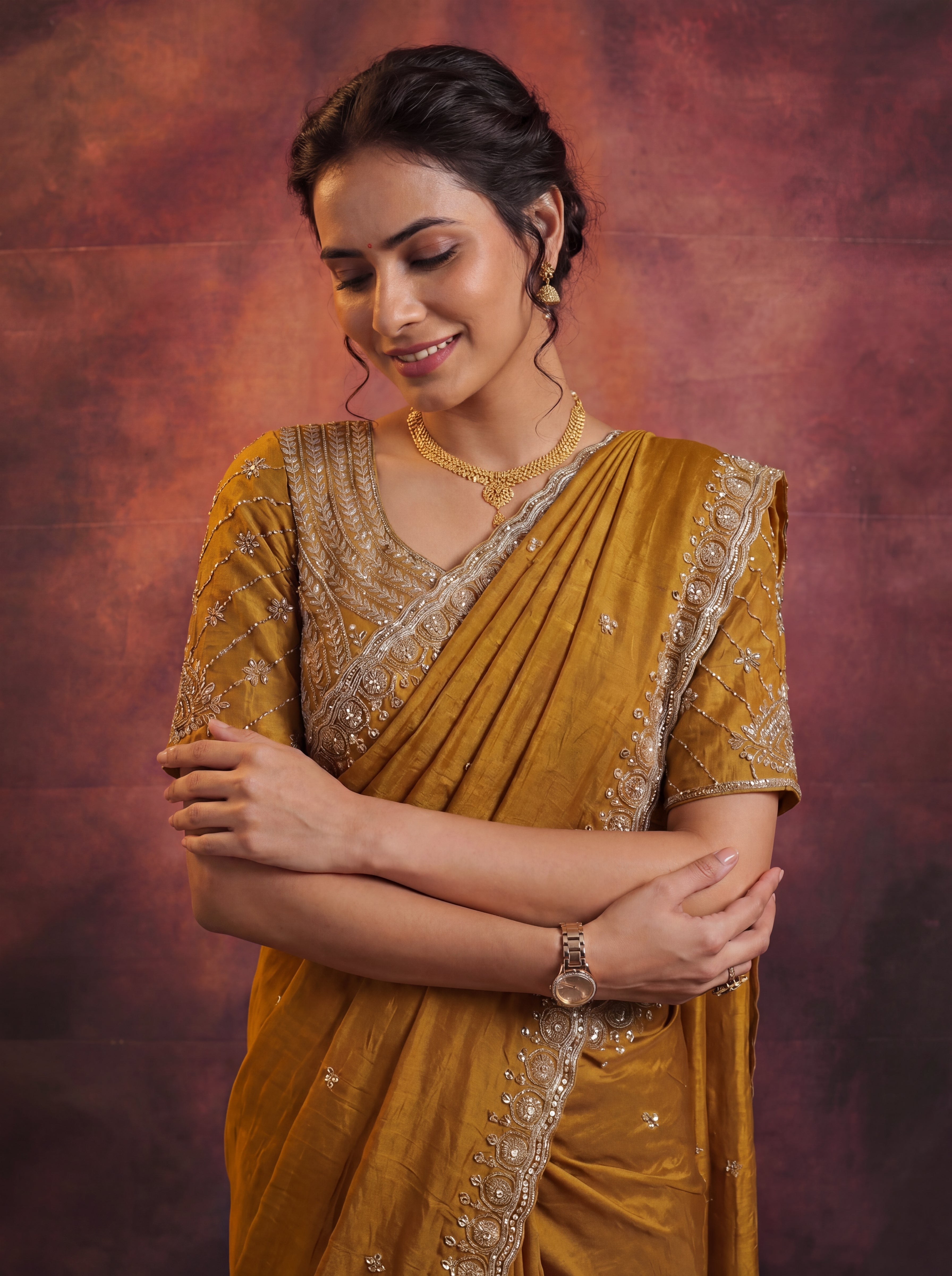 Antique Gold Fendi Embroidery Beads Sequins Bridal Saree