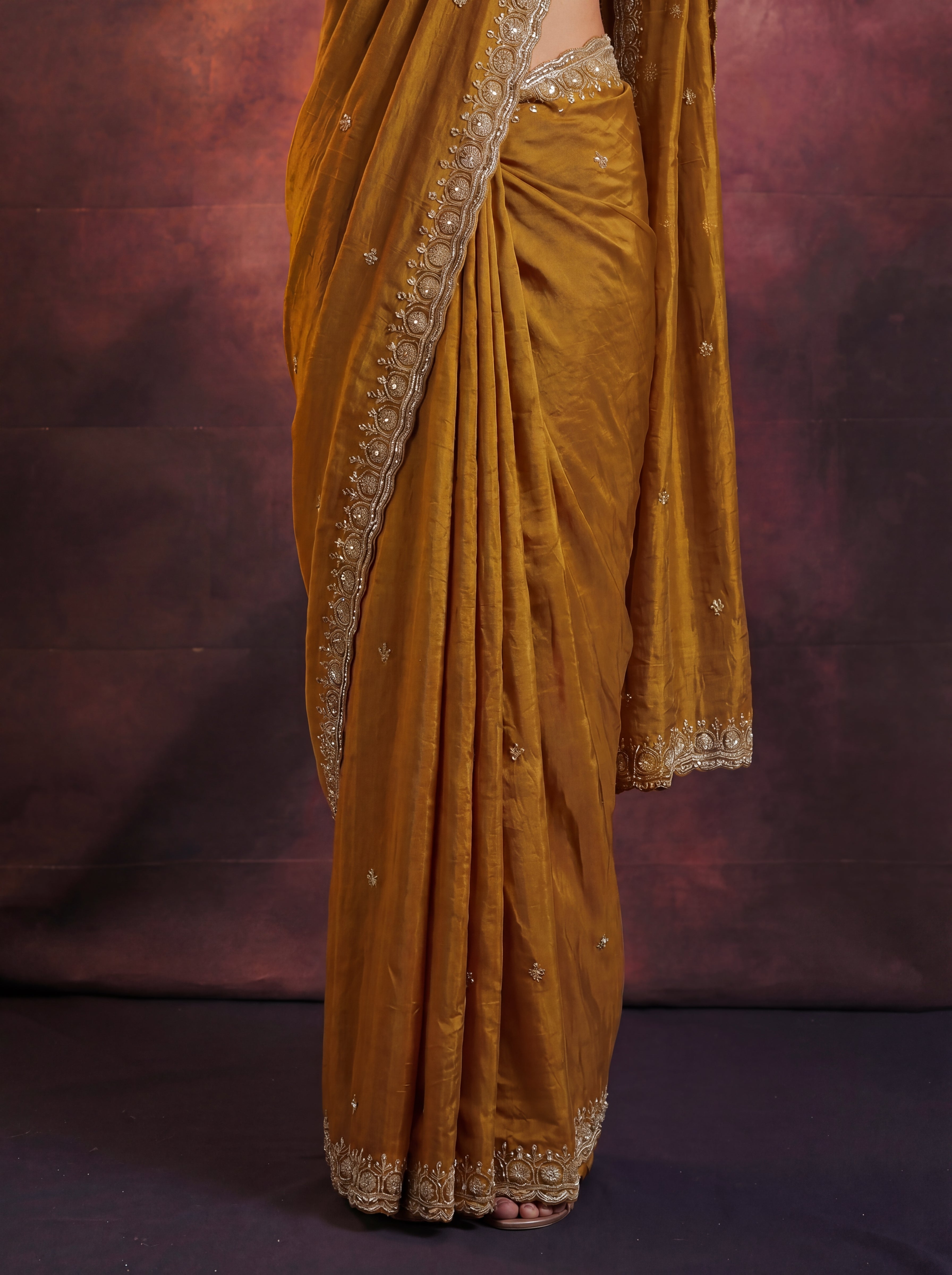 Antique Gold Fendi Embroidery Beads Sequins Bridal Saree