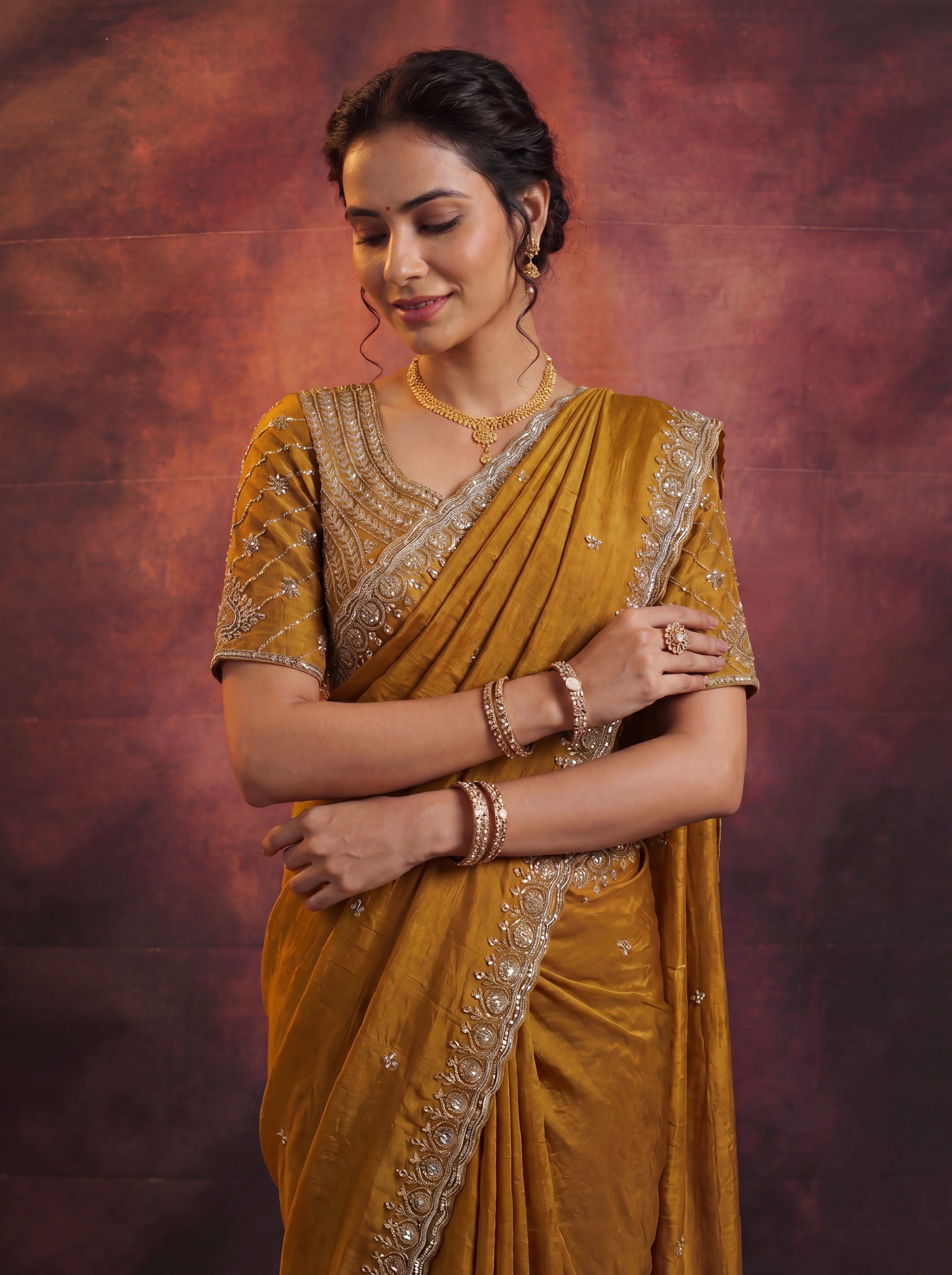 Antique Gold Fendi Embroidery Beads Sequins Bridal Saree