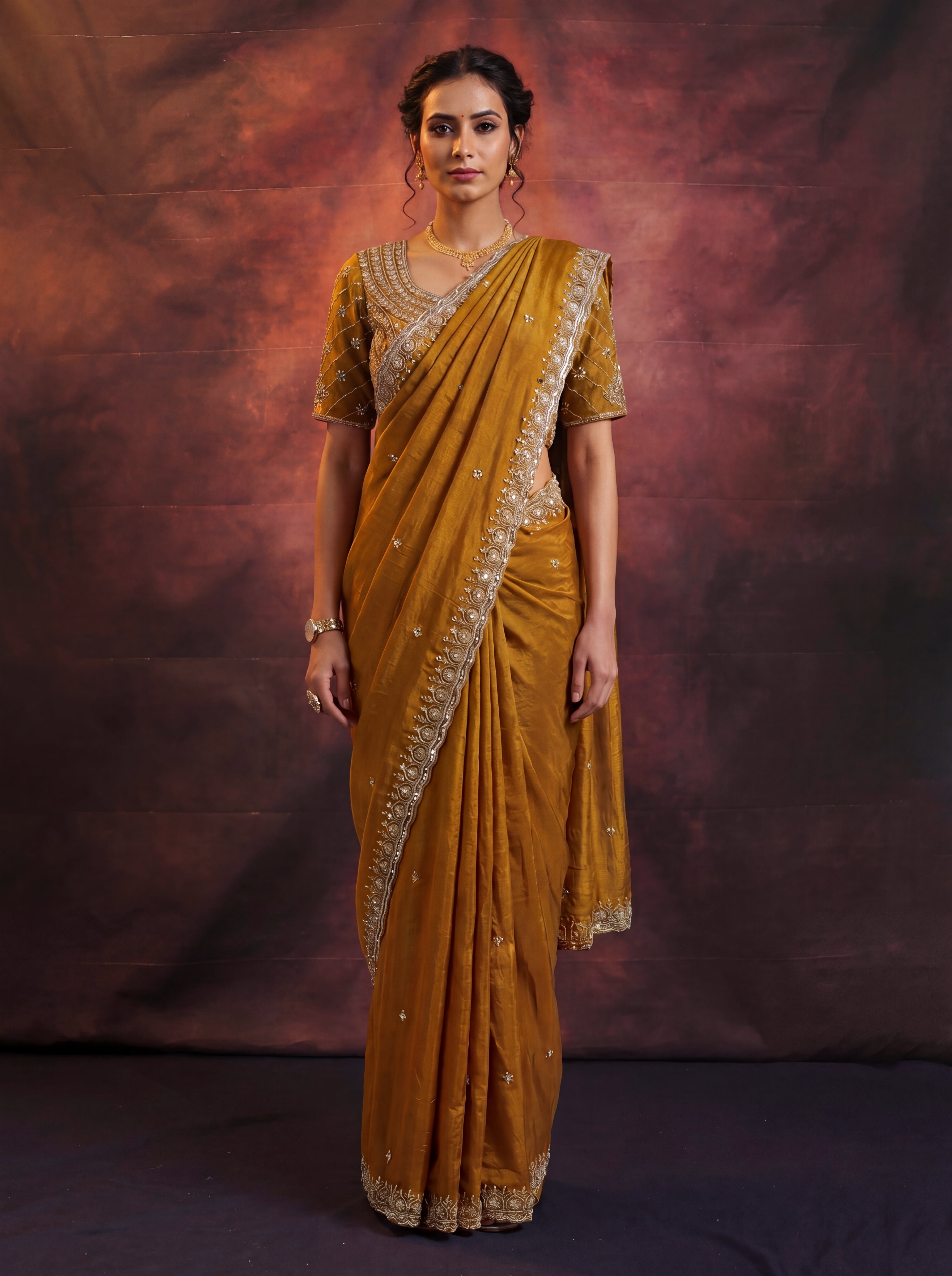 Antique Gold Fendi Embroidery Beads Sequins Bridal Saree