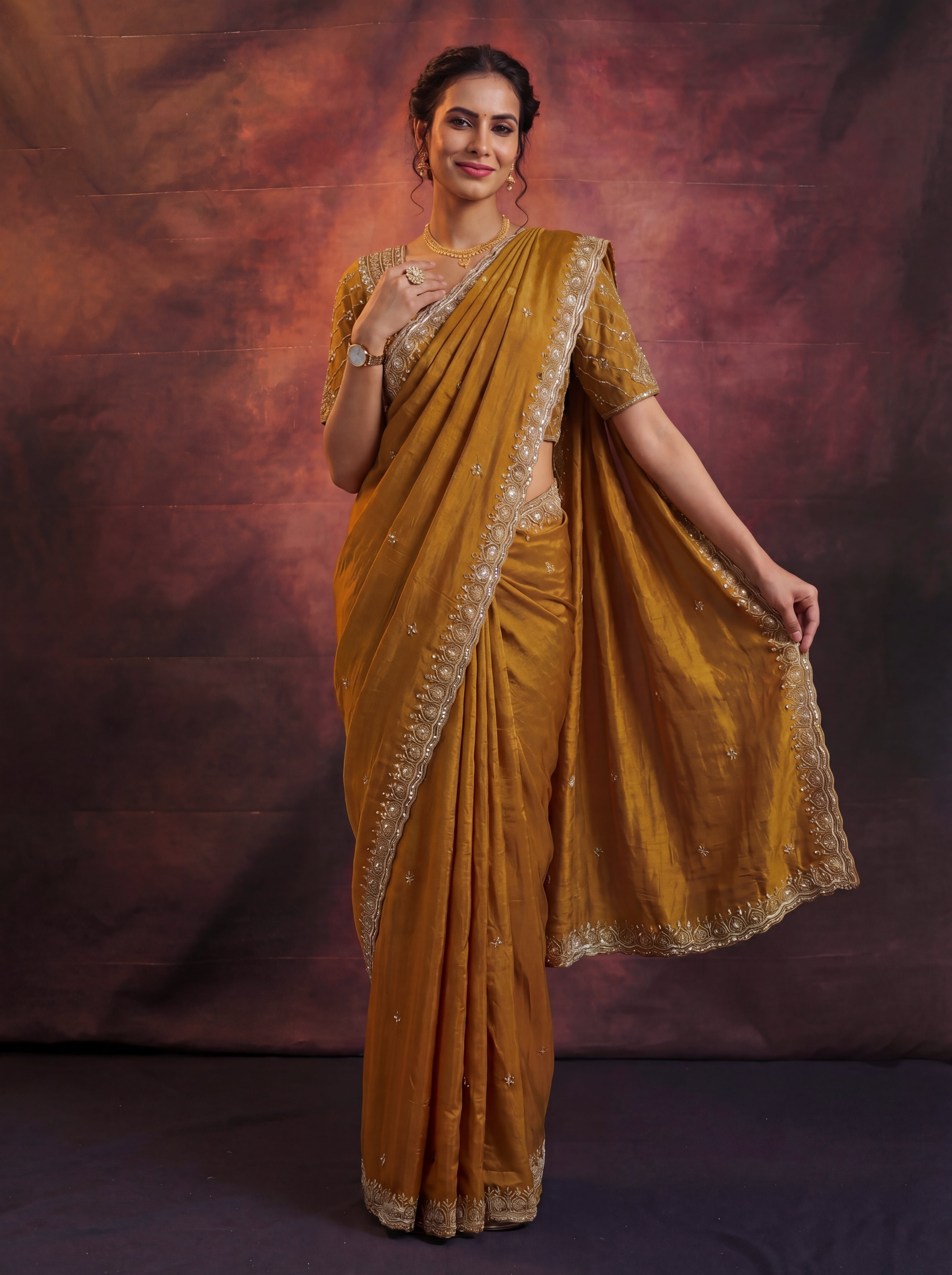 Antique Gold Fendi Embroidery Beads Sequins Bridal Saree