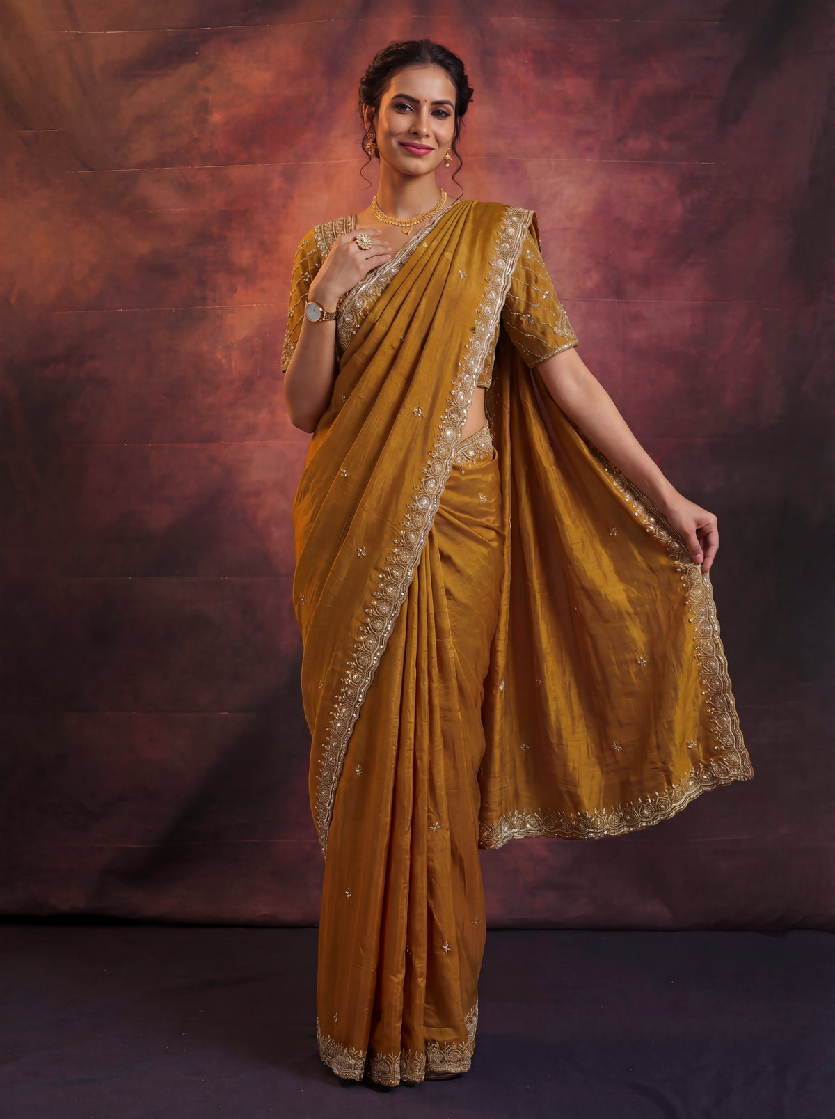 Antique Gold Fendi Embroidery Beads Sequins Bridal Saree
