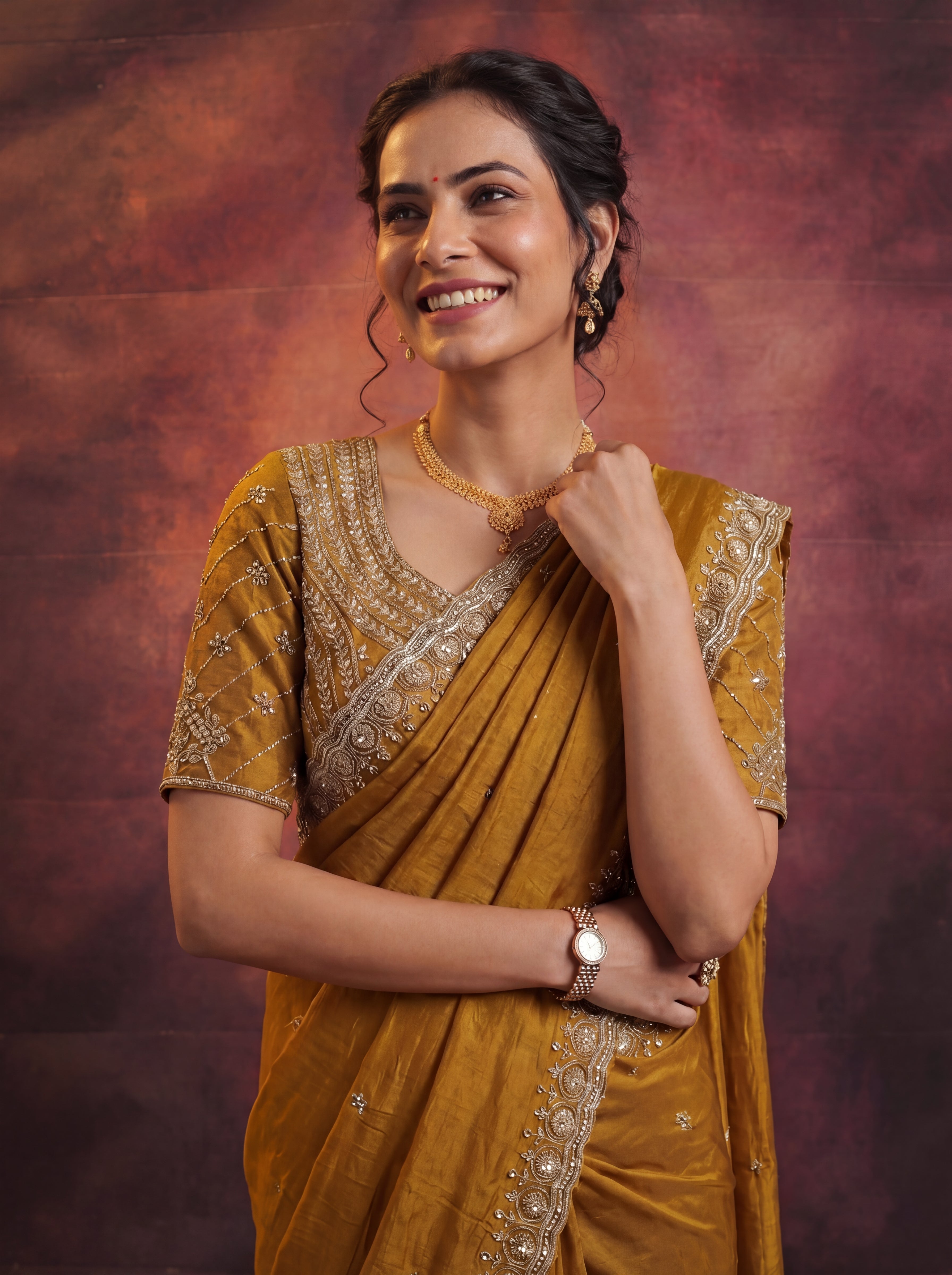 Antique Gold Fendi Embroidery Beads Sequins Bridal Saree