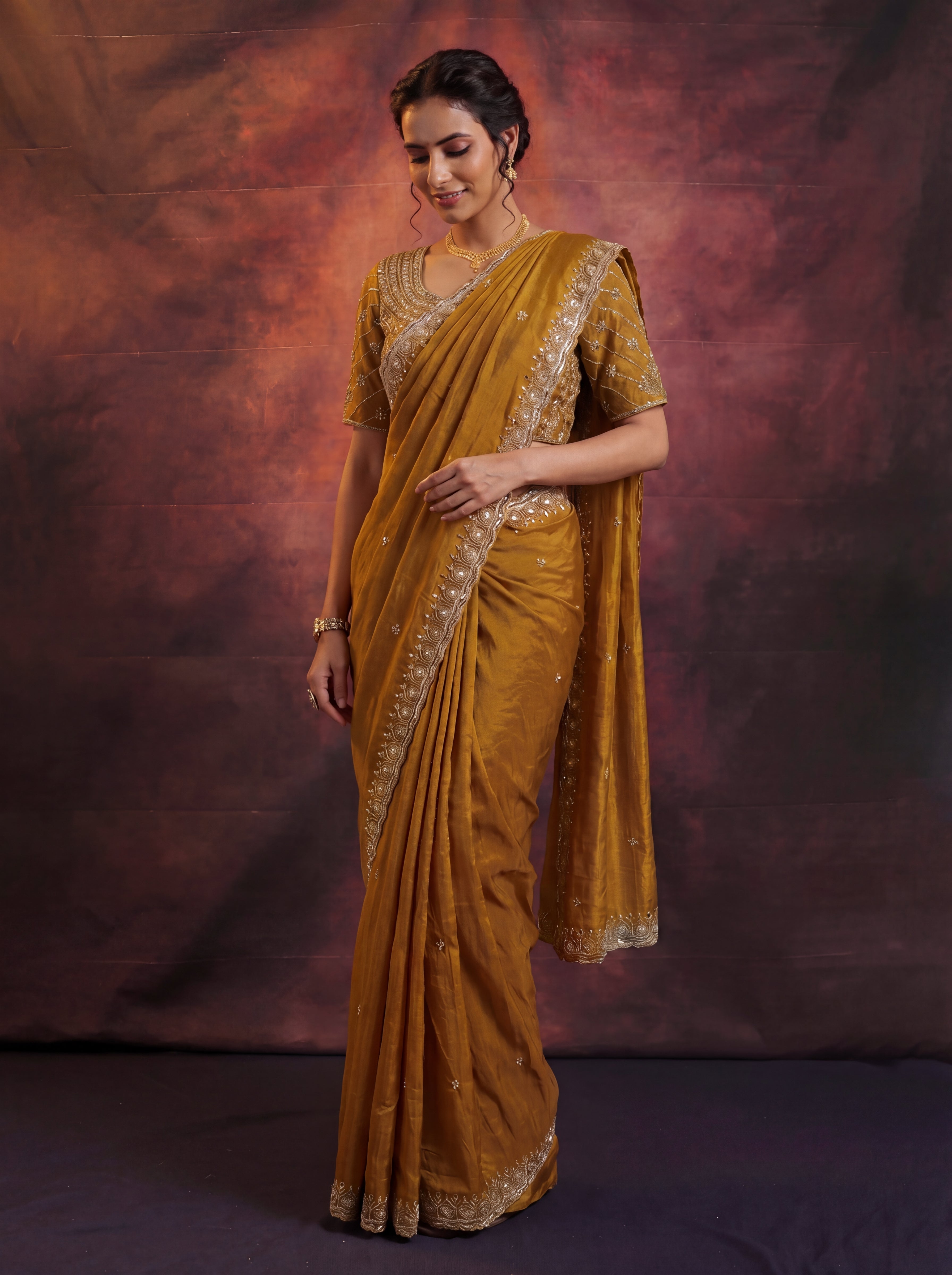 Antique Gold Fendi Embroidery Beads Sequins Bridal Saree