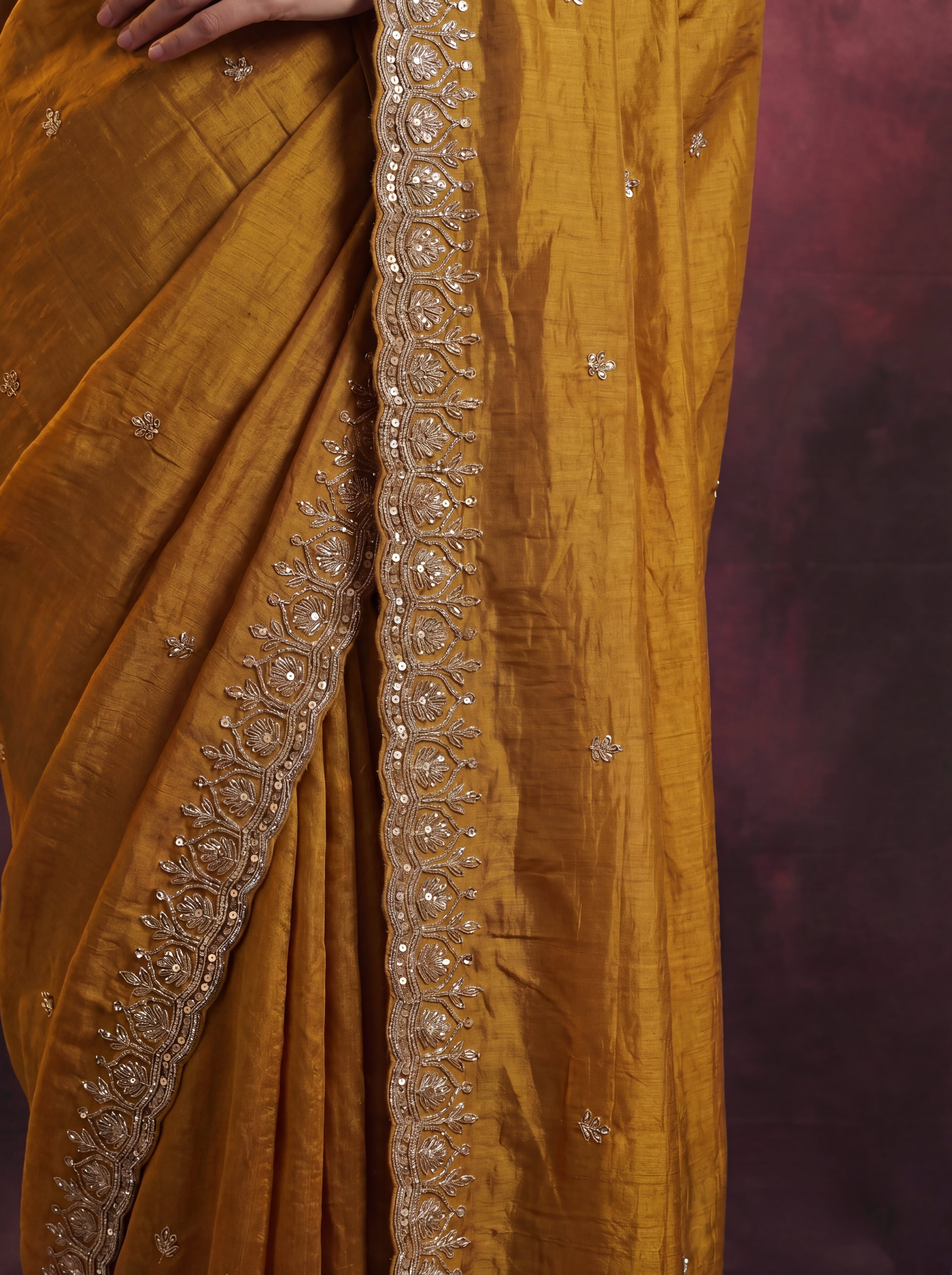Antique Gold Fendi Embroidery Beads Sequins Bridal Saree