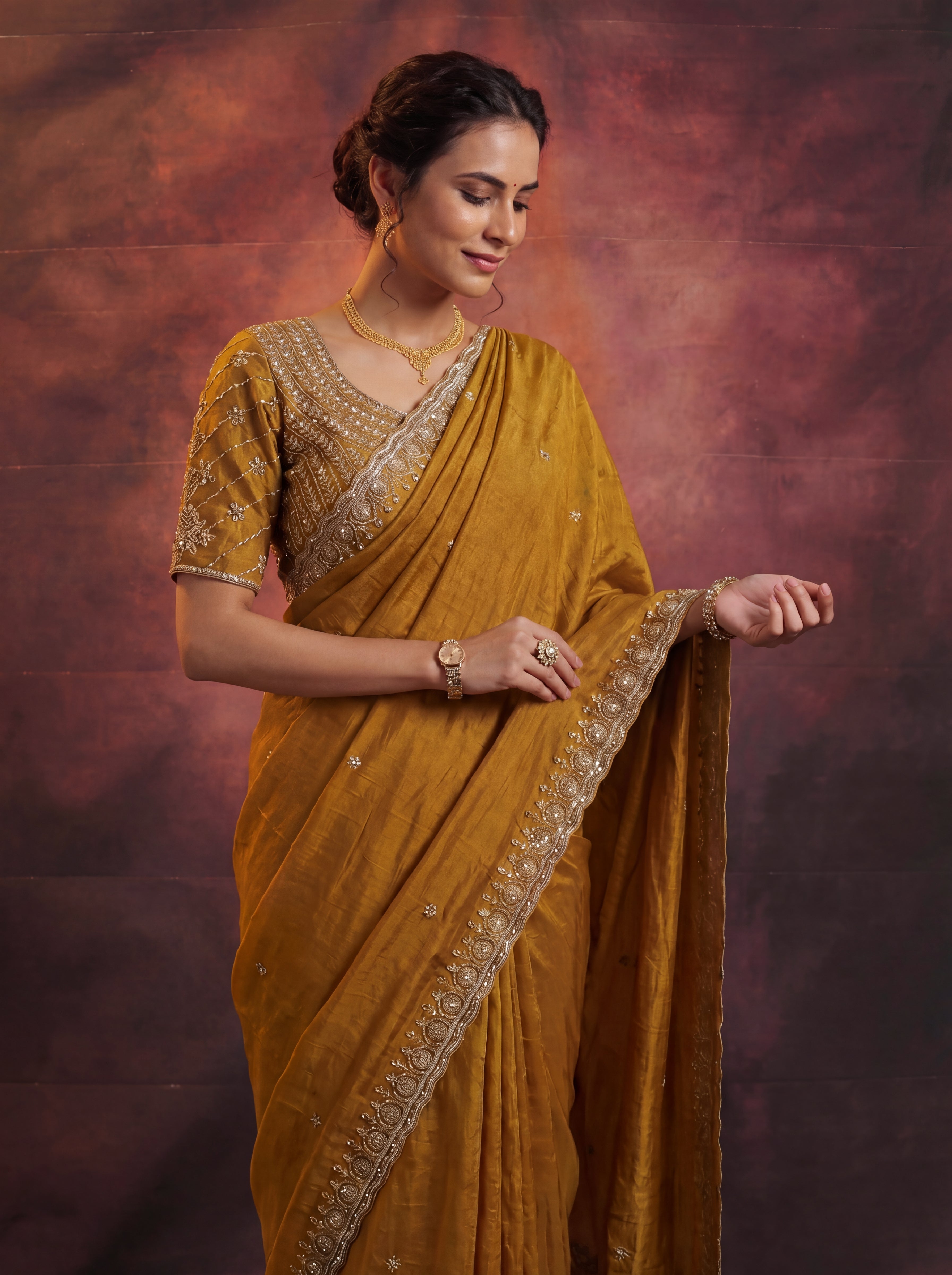 Antique Gold Fendi Embroidery Beads Sequins Bridal Saree