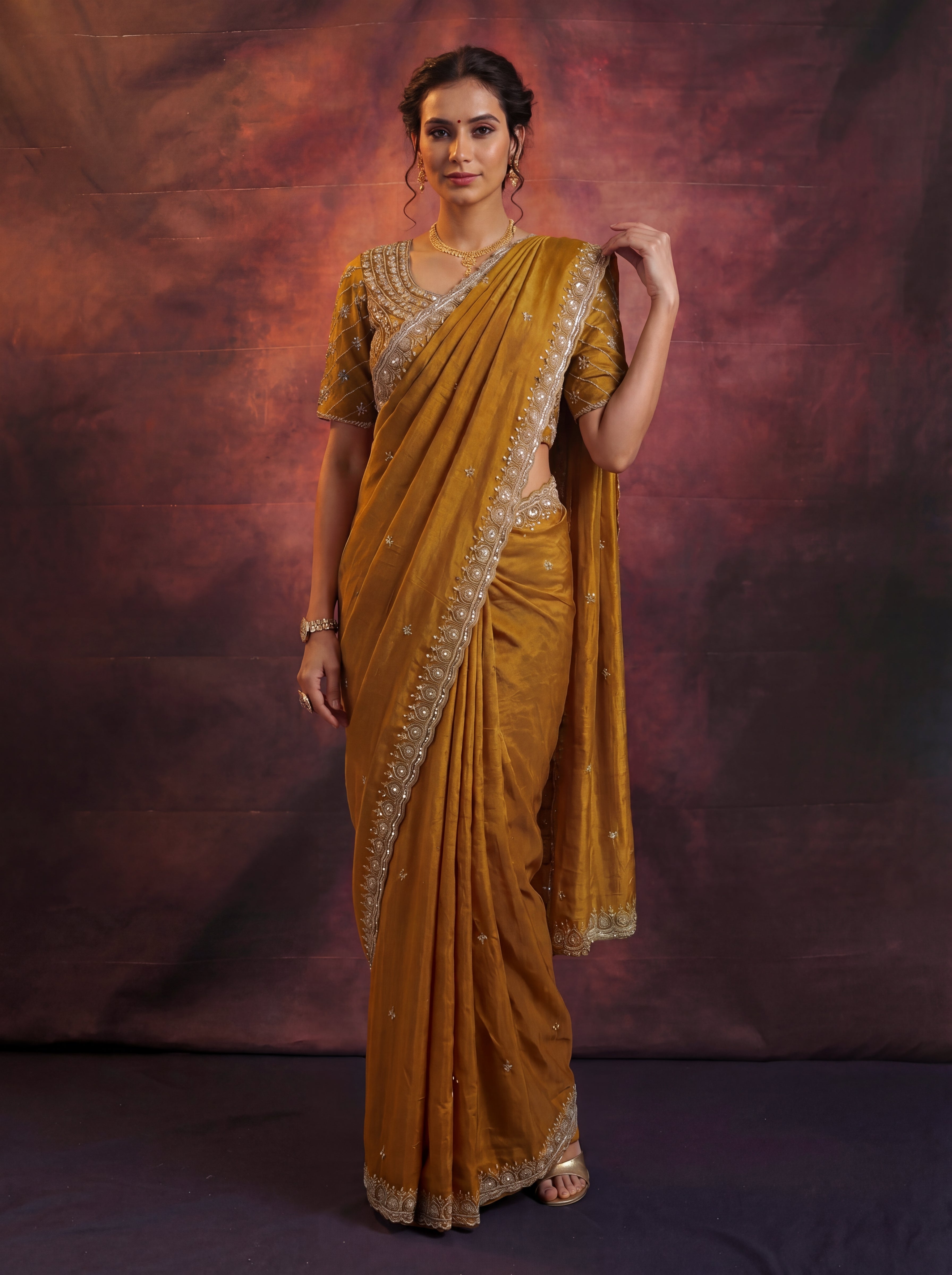 Antique Gold Fendi Embroidery Beads Sequins Bridal Saree