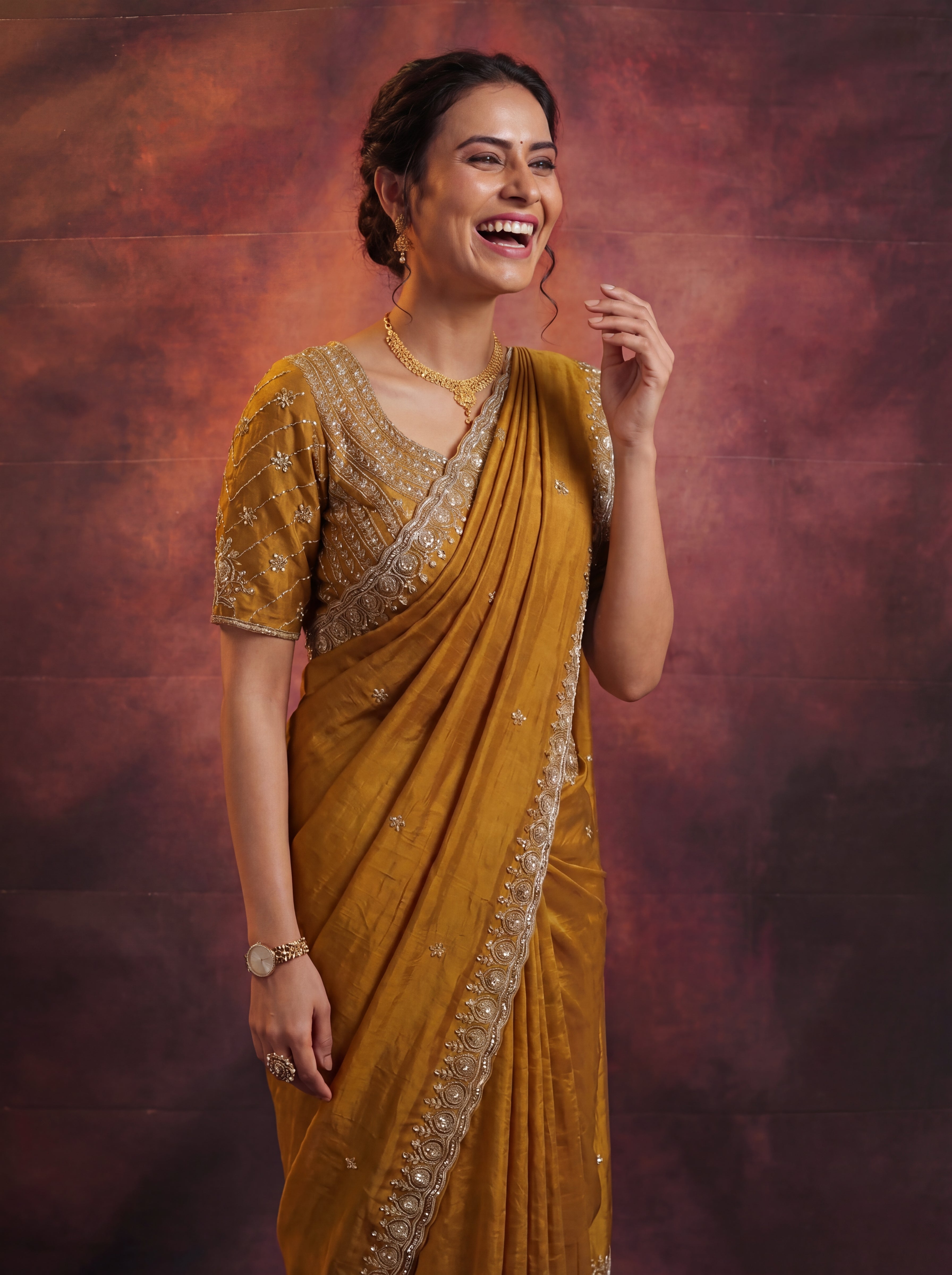 Antique Gold Fendi Embroidery Beads Sequins Bridal Saree