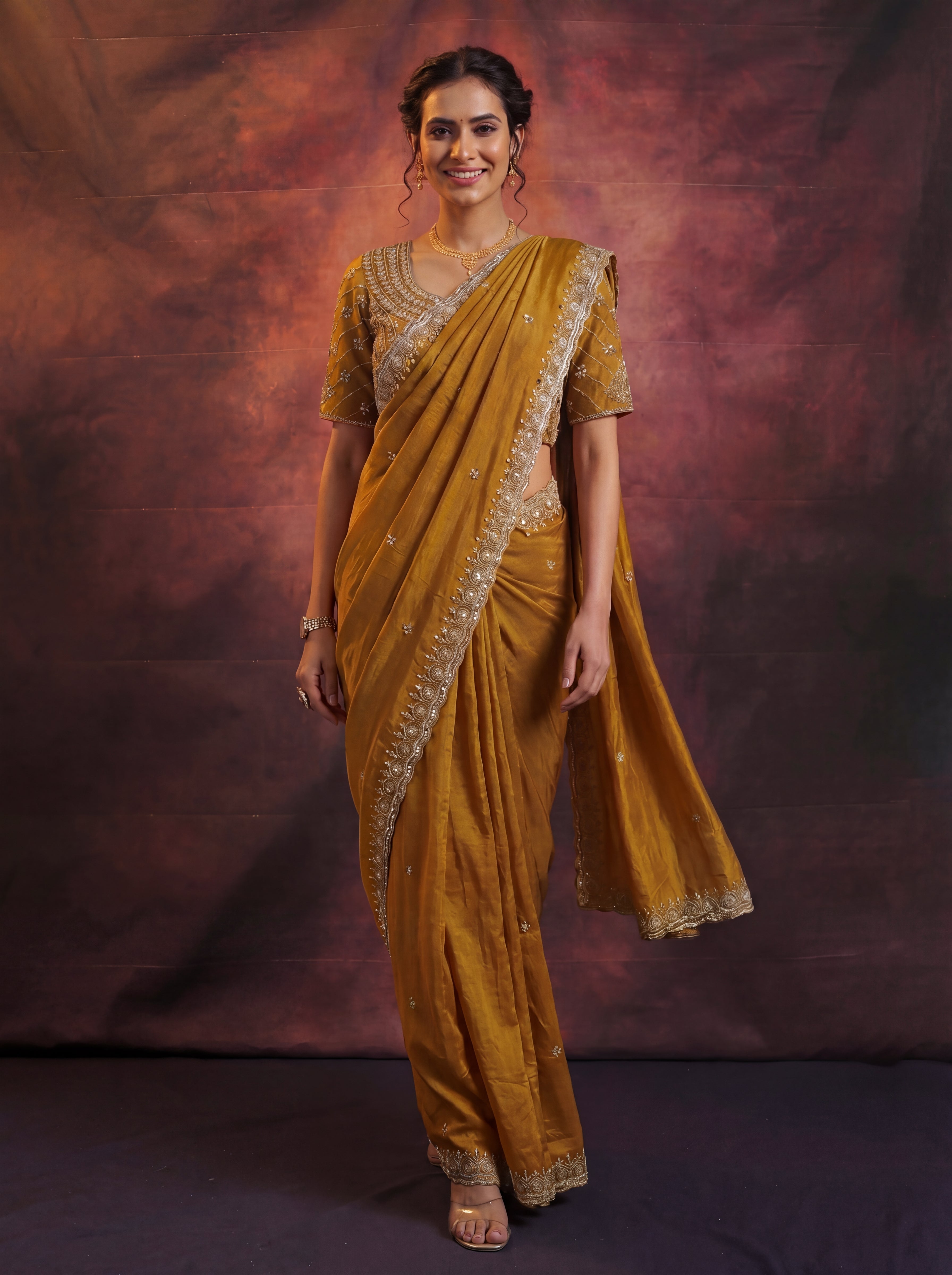 Antique Gold Fendi Embroidery Beads Sequins Bridal Saree
