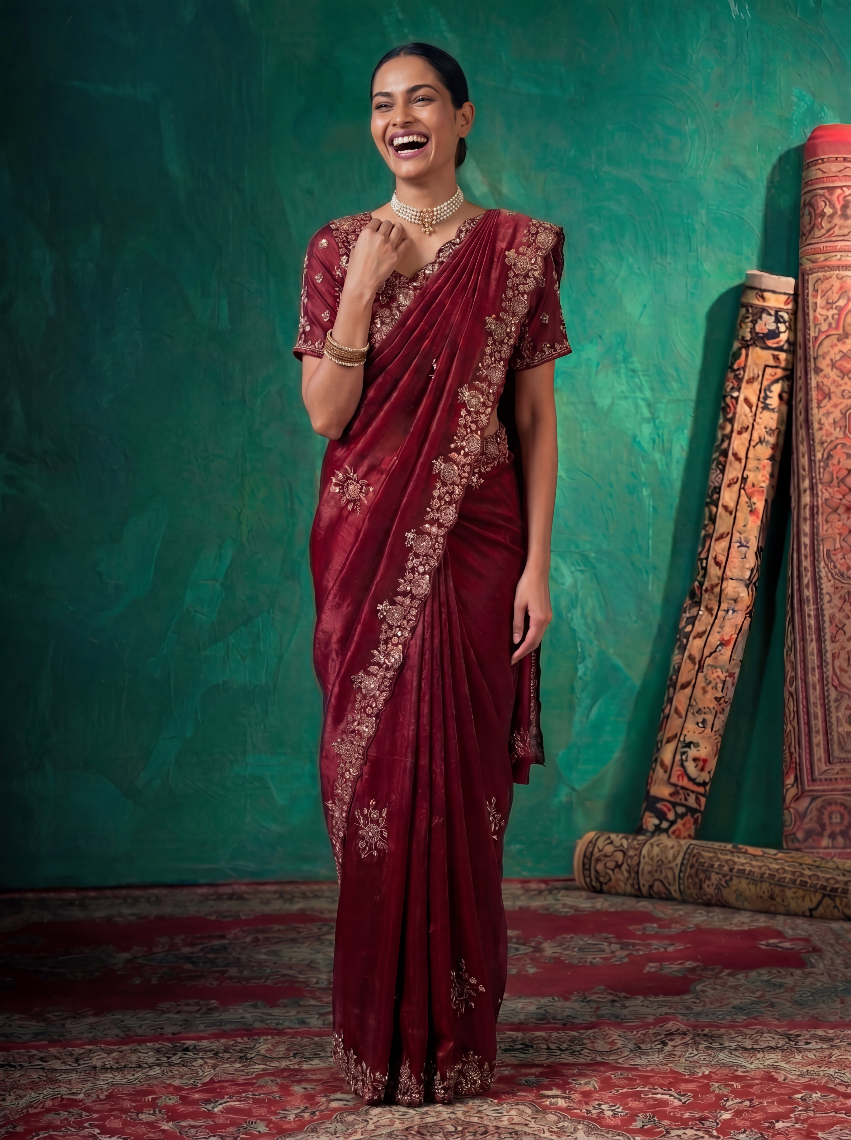 Deep Crimson Fendi Embroidery Sequins Beads Bridal Saree
