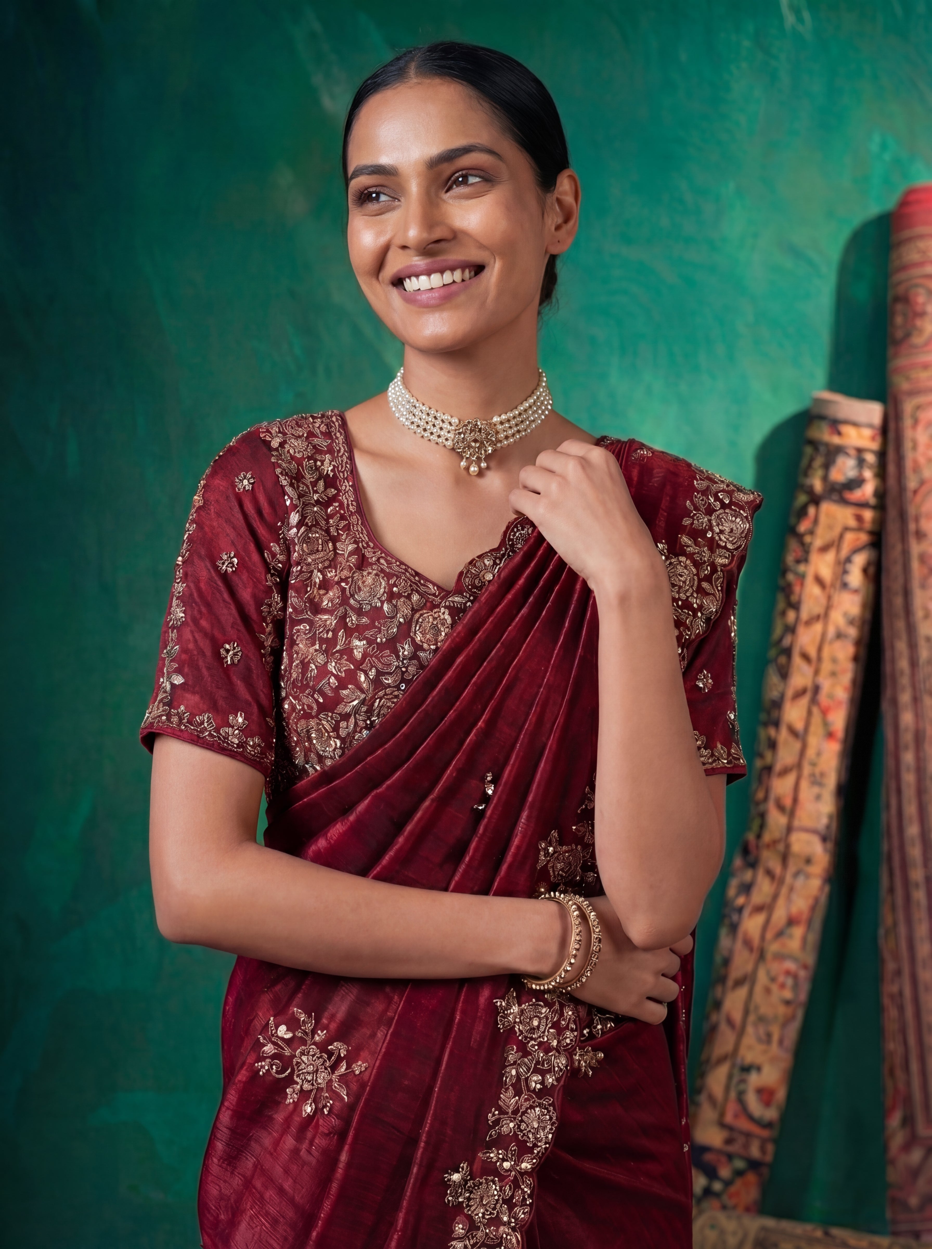 Deep Crimson Fendi Embroidery Sequins Beads Bridal Saree