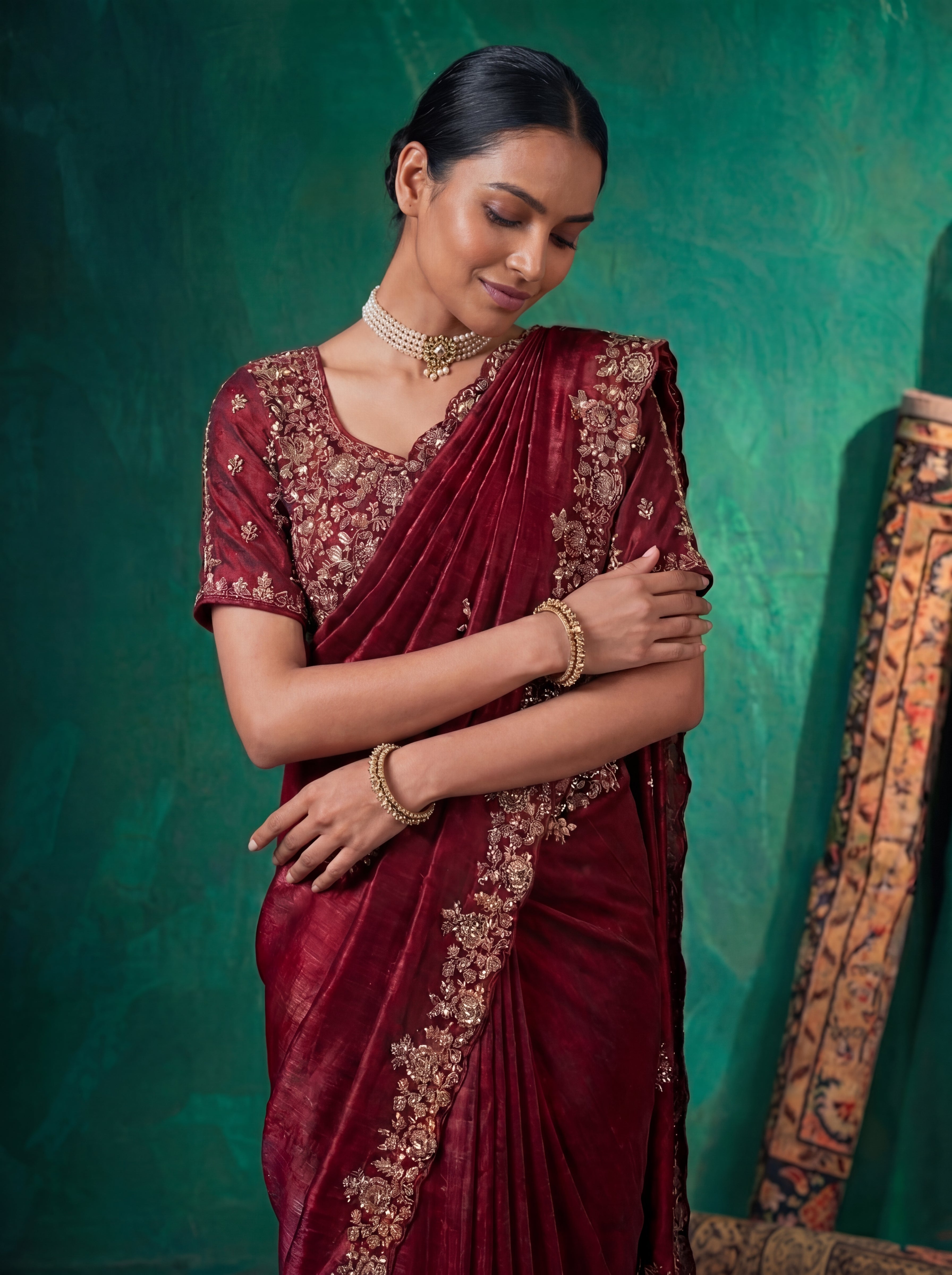 Deep Crimson Fendi Embroidery Sequins Beads Bridal Saree