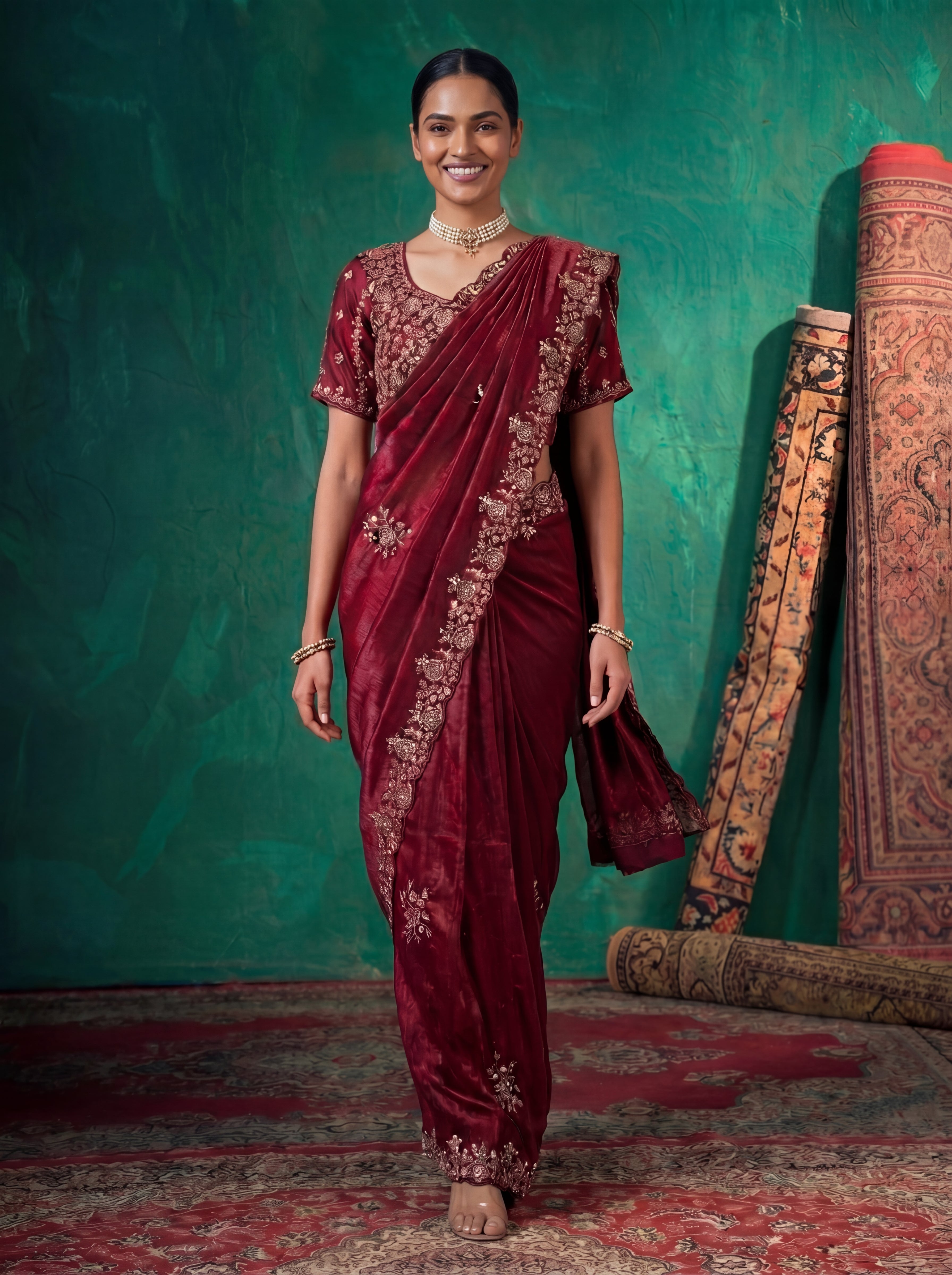 Deep Crimson Fendi Embroidery Sequins Beads Bridal Saree