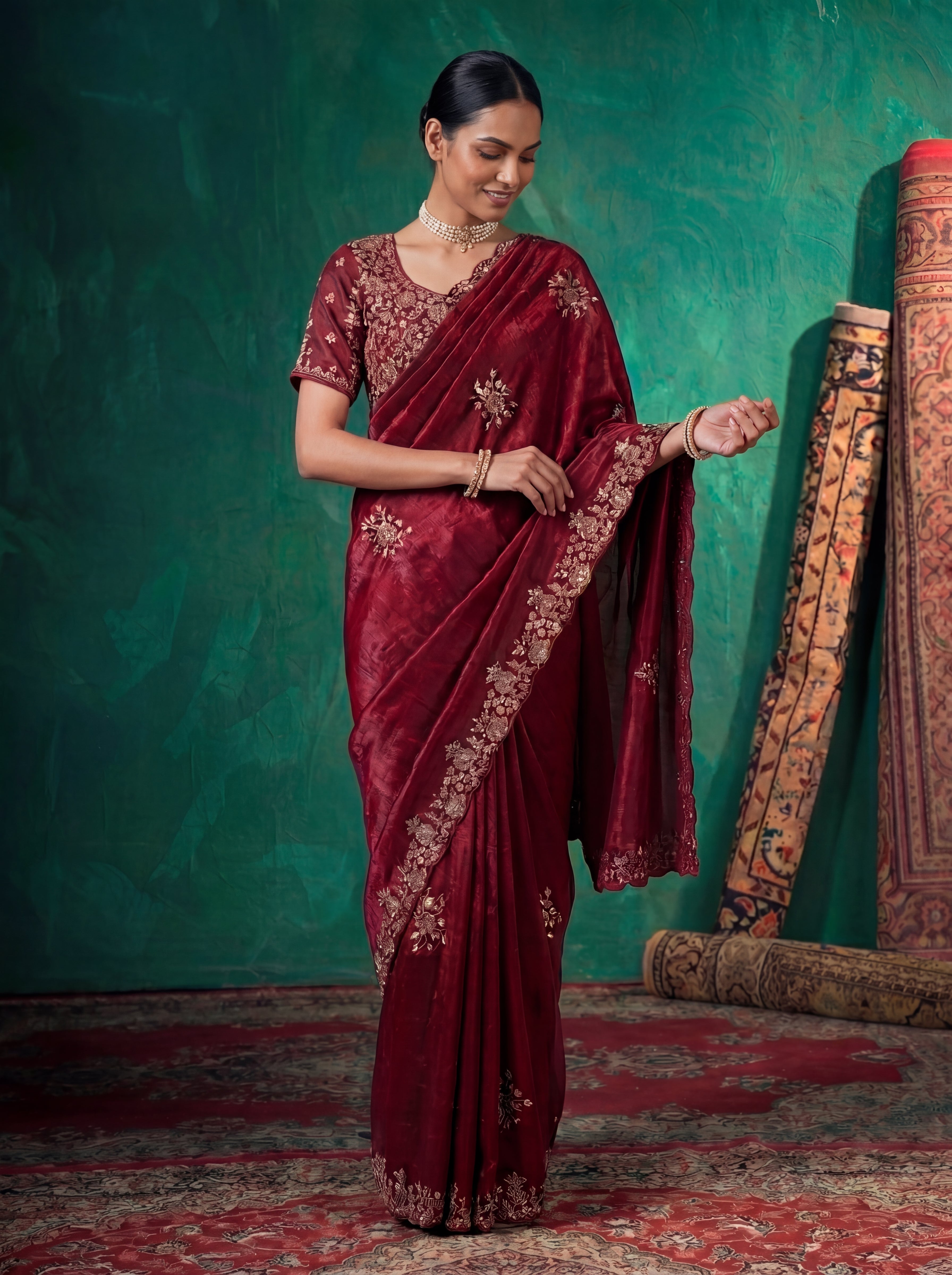 Deep Crimson Fendi Embroidery Sequins Beads Bridal Saree