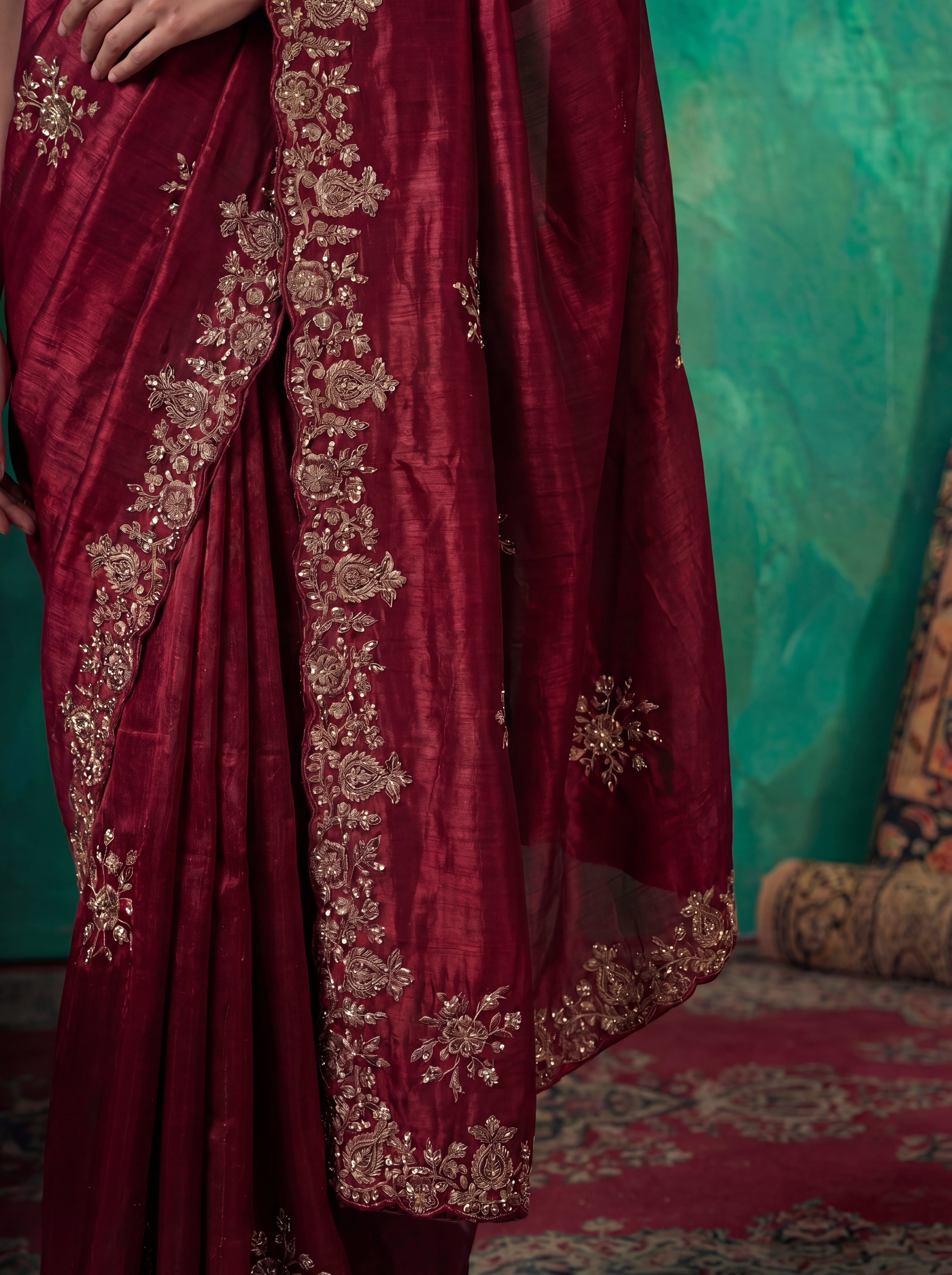 Deep Crimson Fendi Embroidery Sequins Beads Bridal Saree