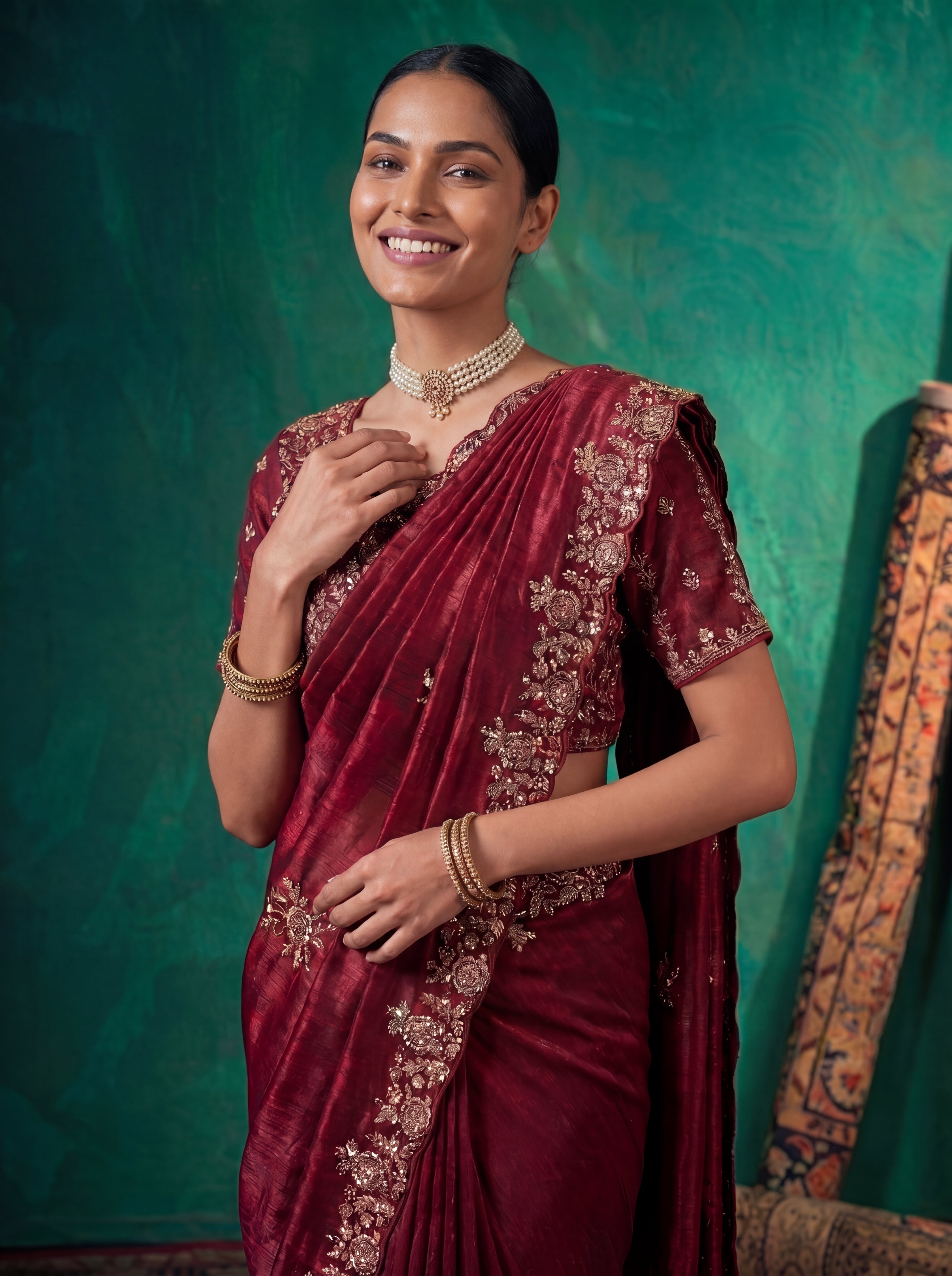 Deep Crimson Fendi Embroidery Sequins Beads Bridal Saree