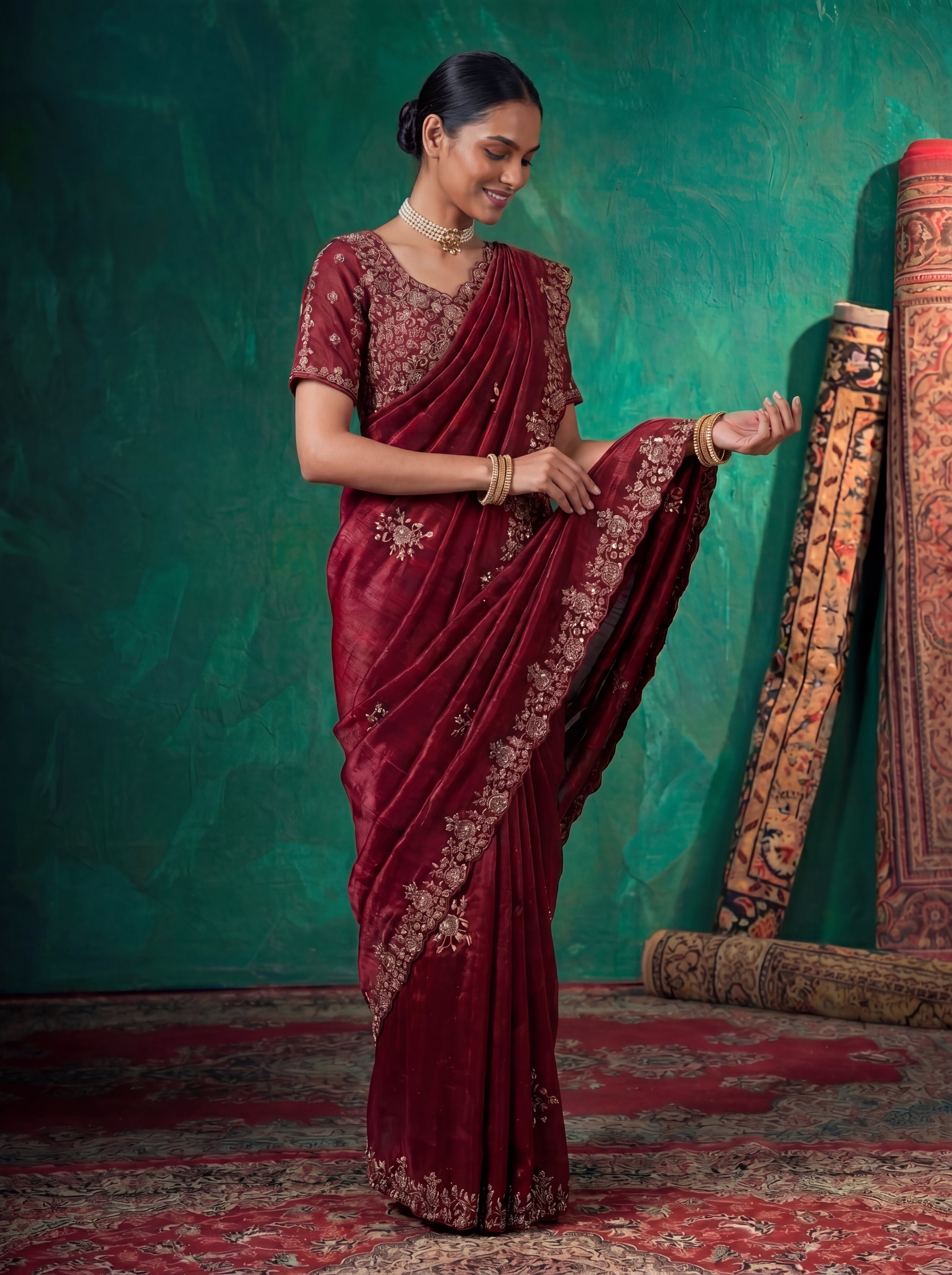 Deep Crimson Fendi Embroidery Sequins Beads Bridal Saree