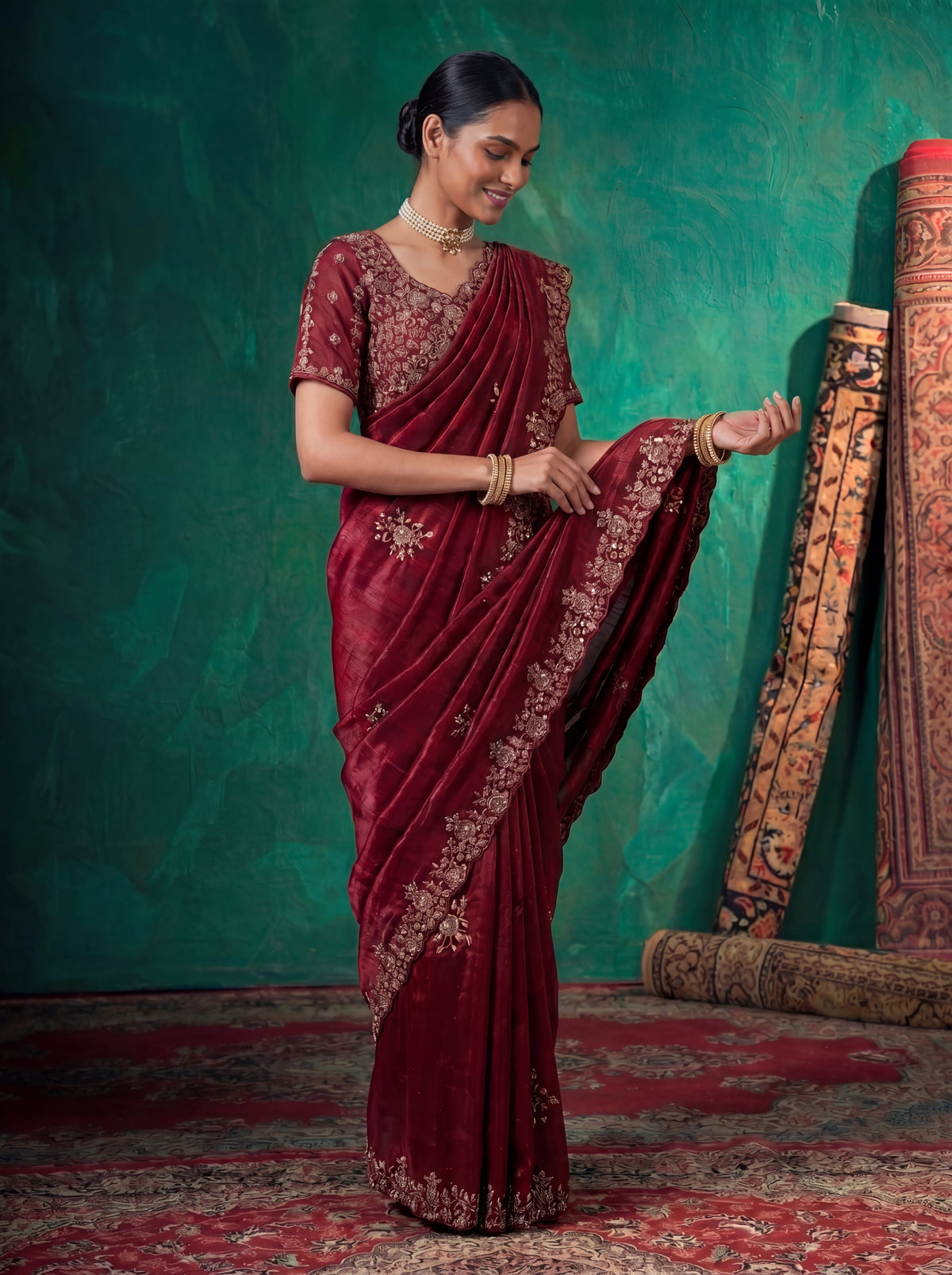 Deep Crimson Fendi Embroidery Sequins Beads Bridal Saree