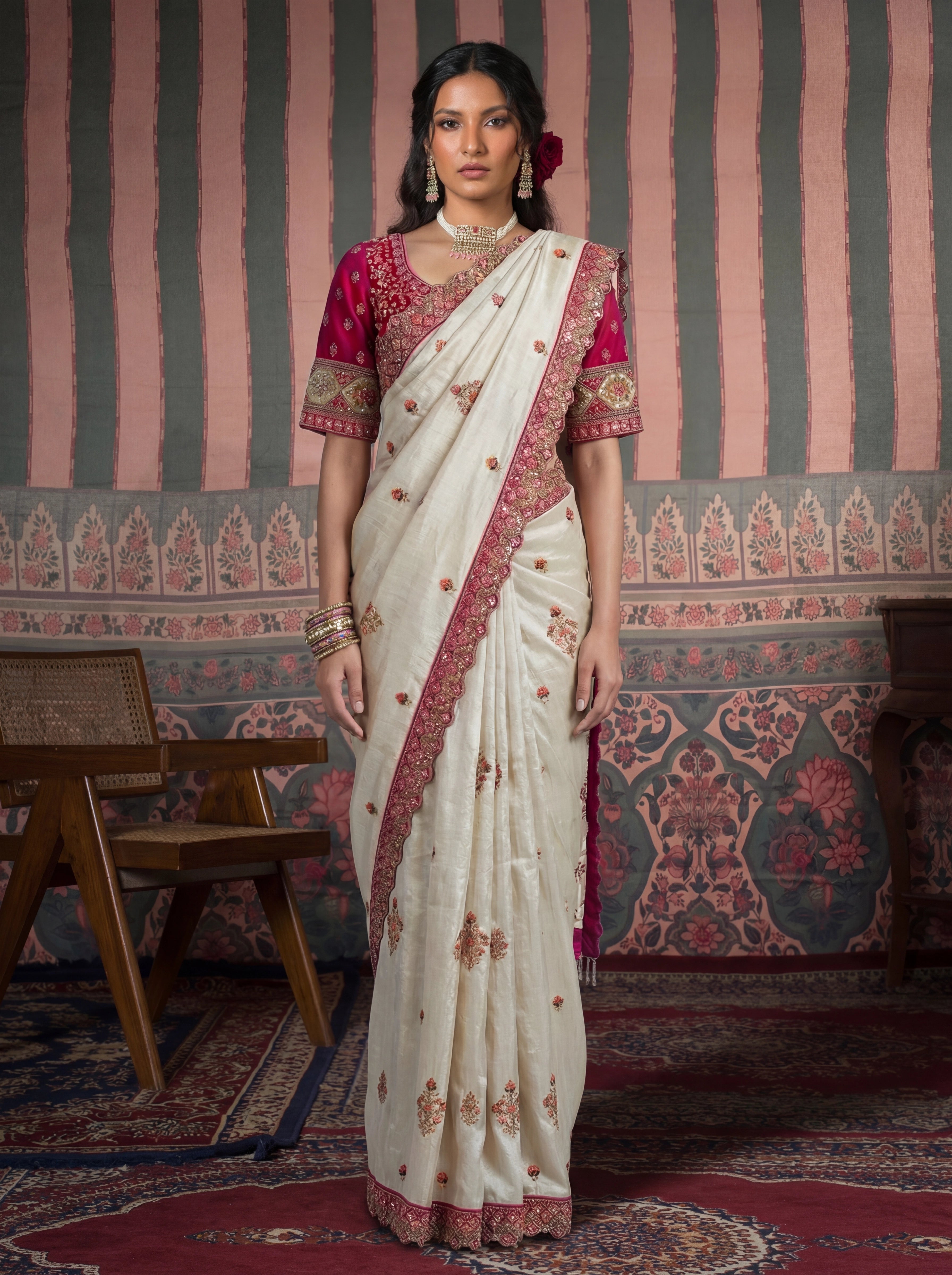 Ivory Tissue Embroidery Sequins Handwork Bridal Saree