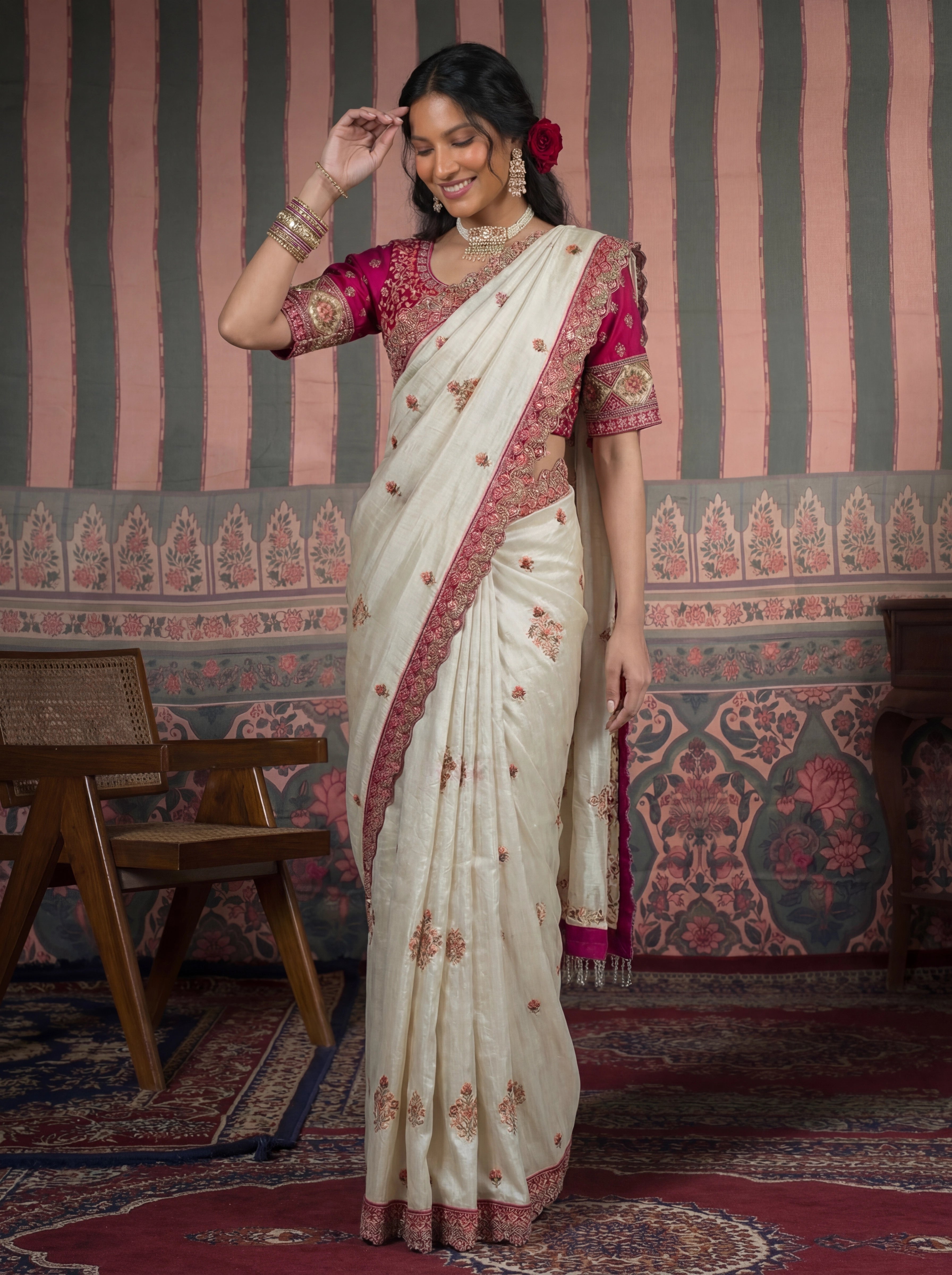 Ivory Tissue Embroidery Sequins Handwork Bridal Saree