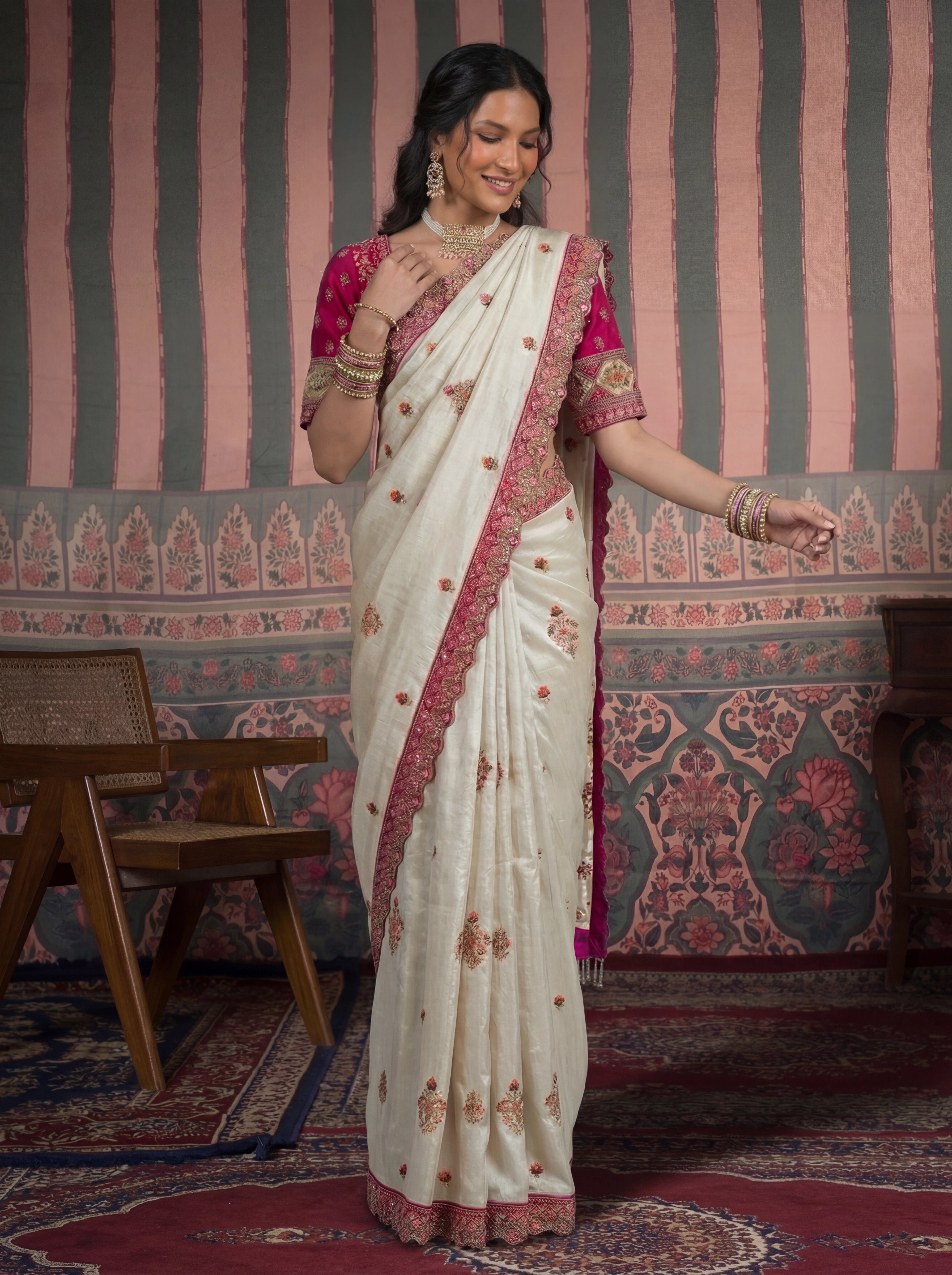 Ivory Tissue Embroidery Sequins Handwork Bridal Saree