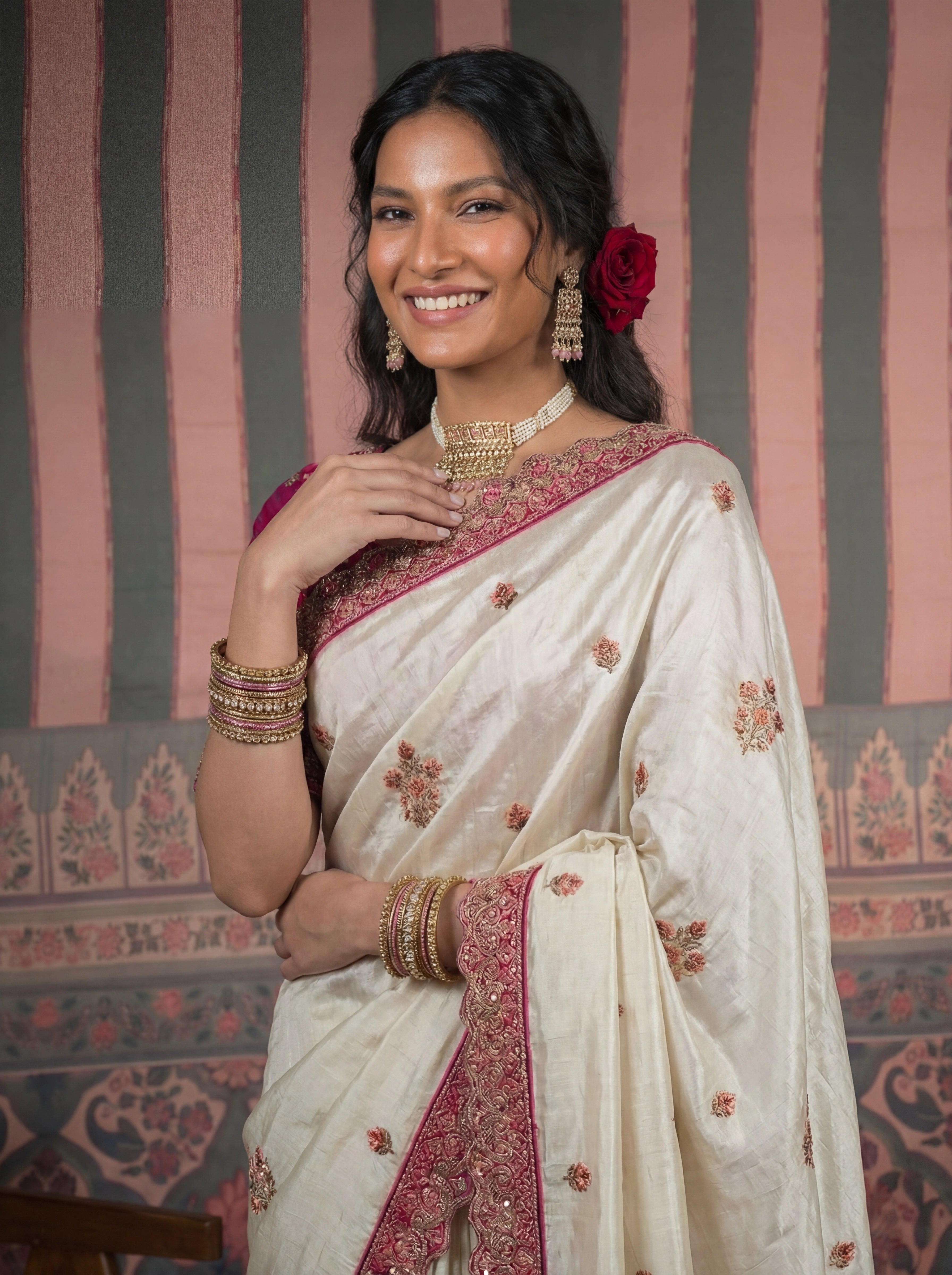 Ivory Tissue Embroidery Sequins Handwork Bridal Saree