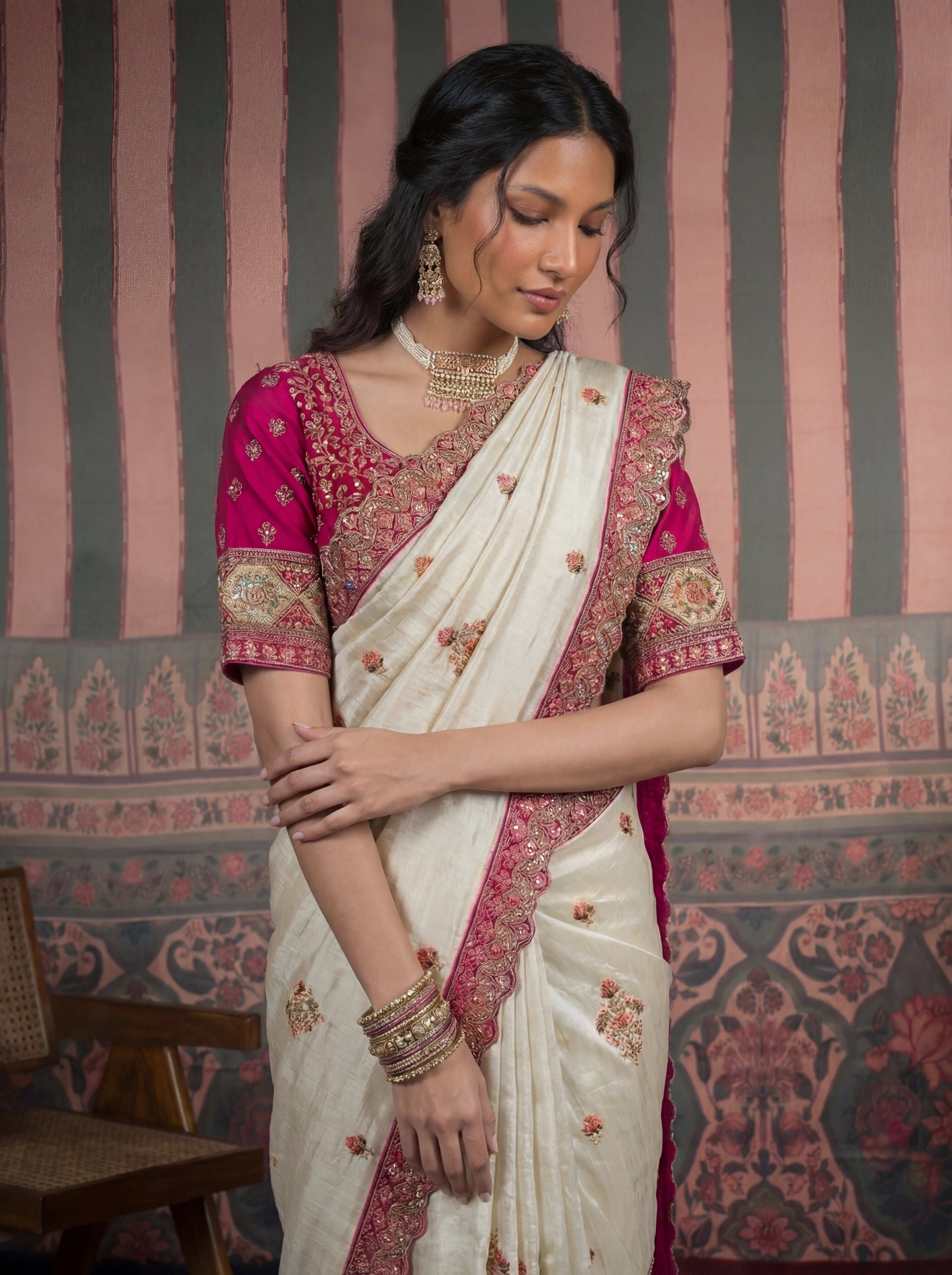 Ivory Tissue Embroidery Sequins Handwork Bridal Saree