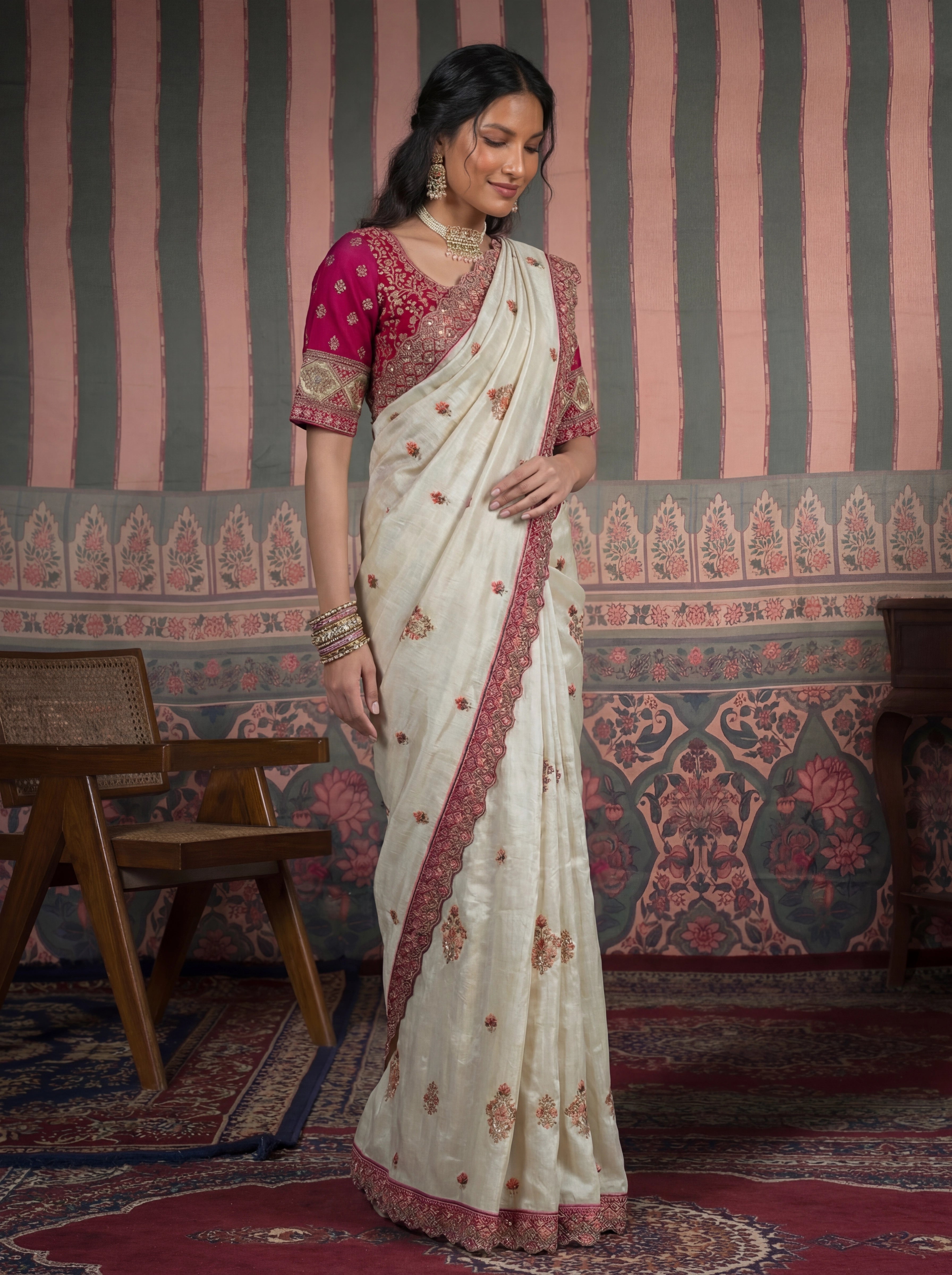 Ivory Tissue Embroidery Sequins Handwork Bridal Saree