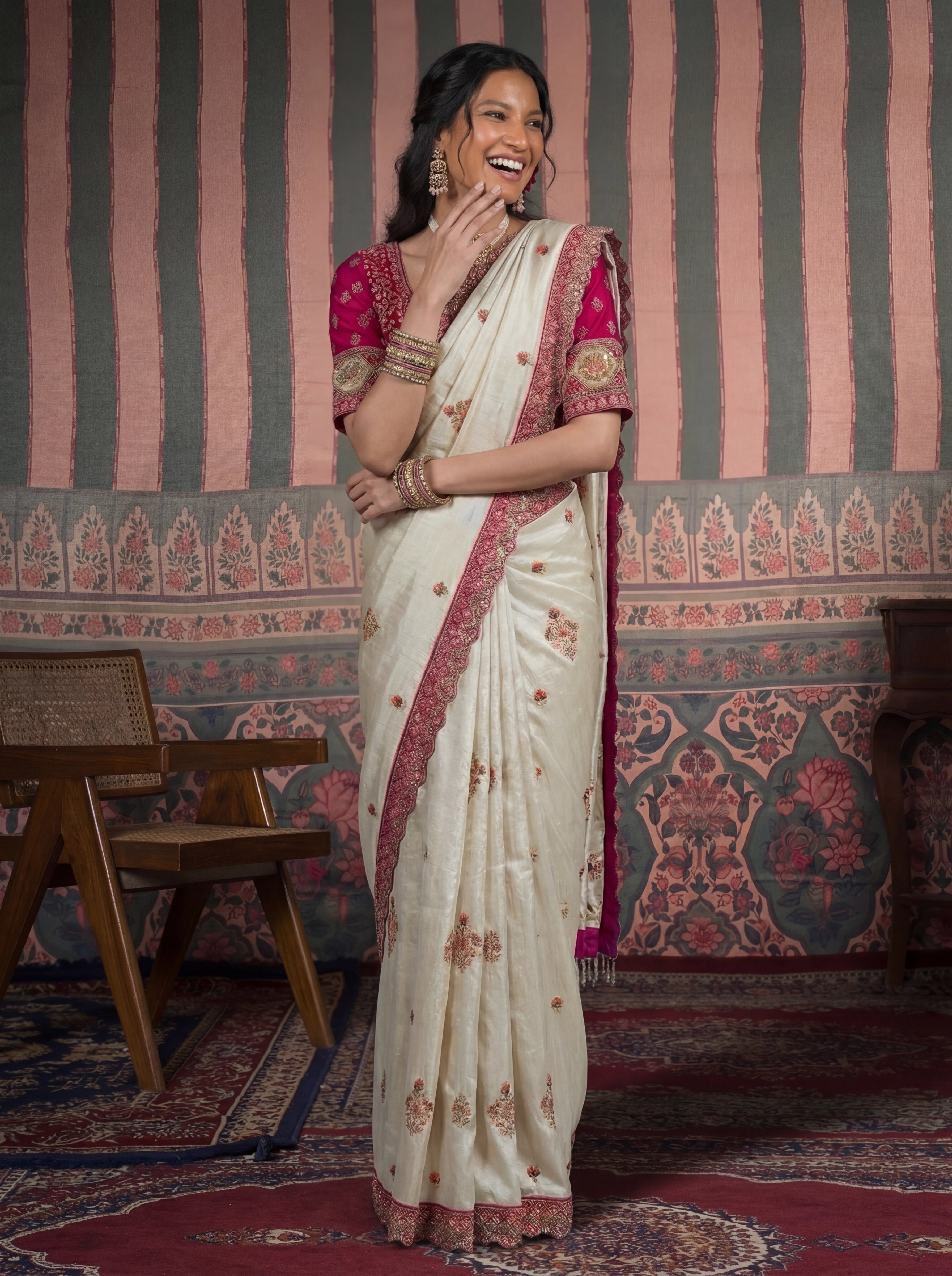 Ivory Tissue Embroidery Sequins Handwork Bridal Saree