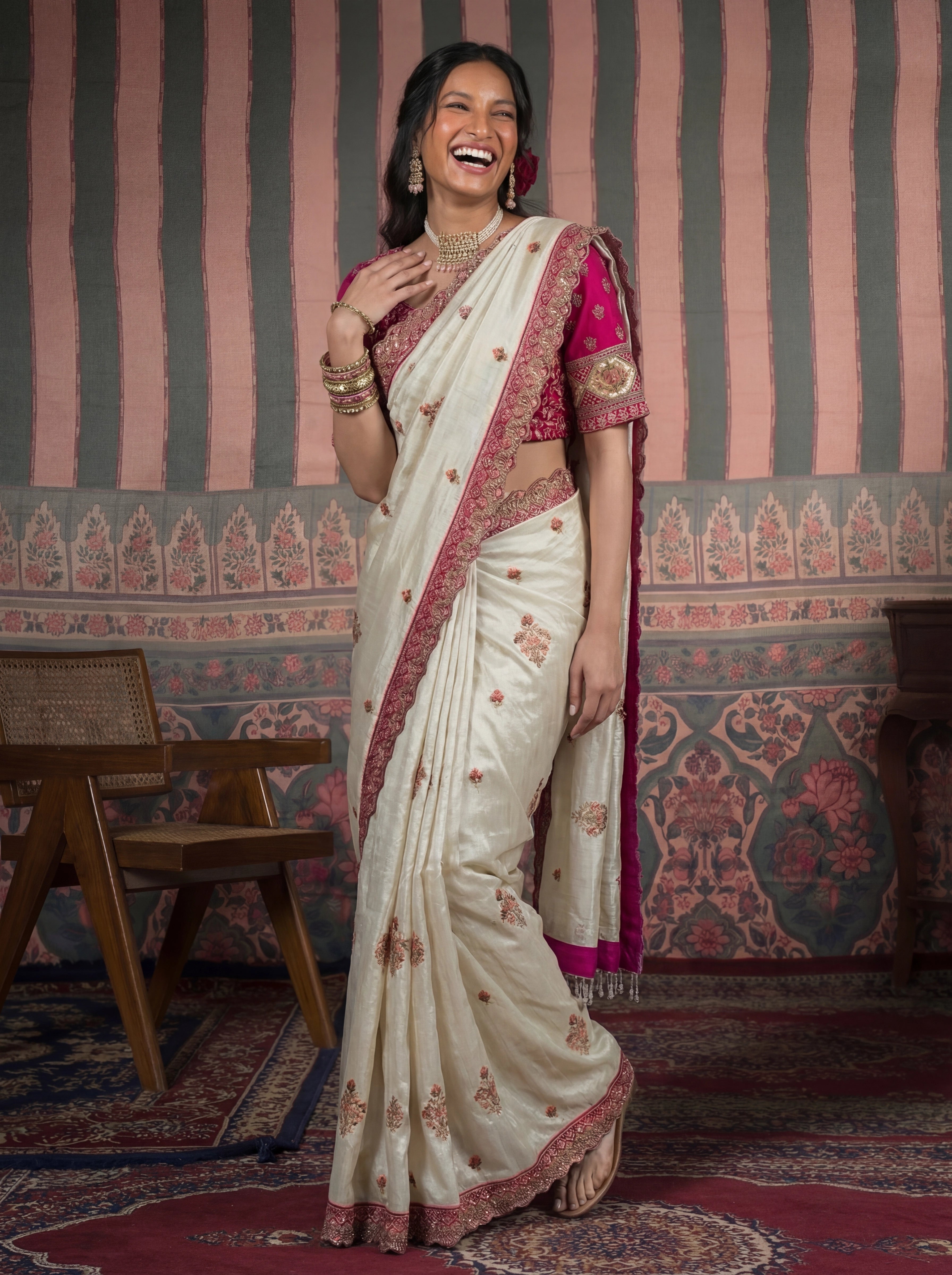 Ivory Tissue Embroidery Sequins Handwork Bridal Saree