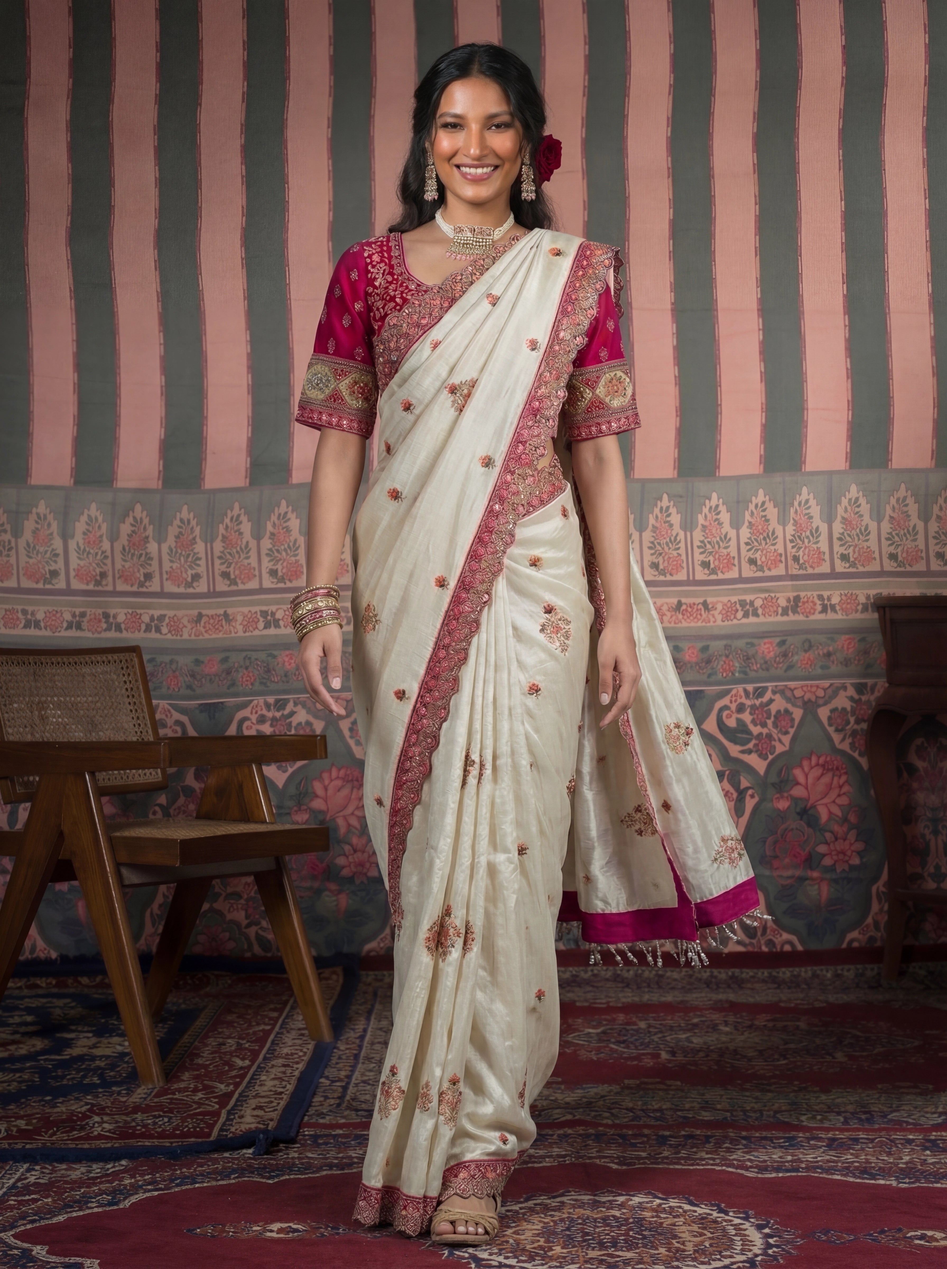 Ivory Tissue Embroidery Sequins Handwork Bridal Saree
